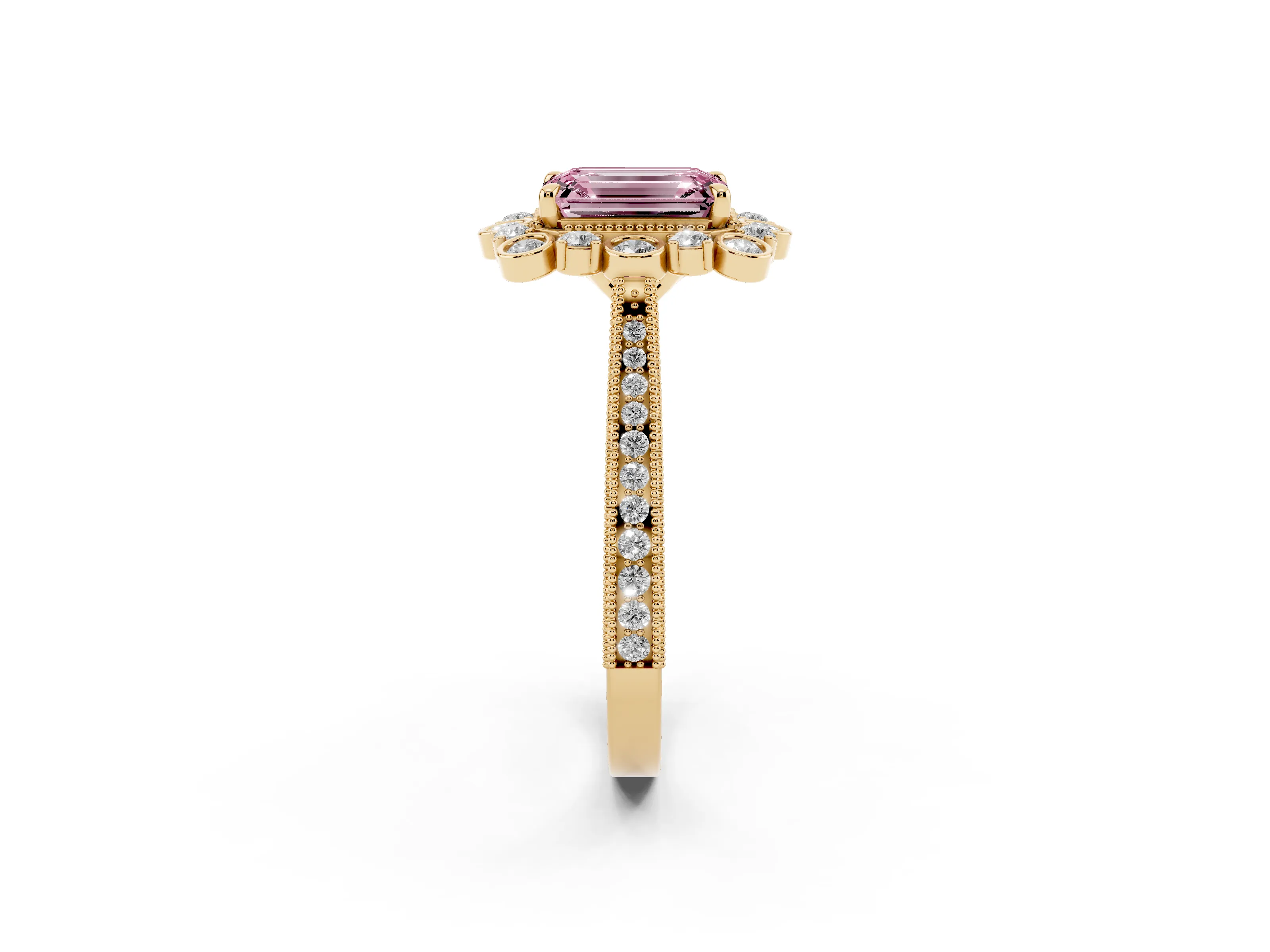 Fancy Pink Emerald Cut Diamond Halo Milgrain Pavé Ring Set in Yellow gold with Prong Setting