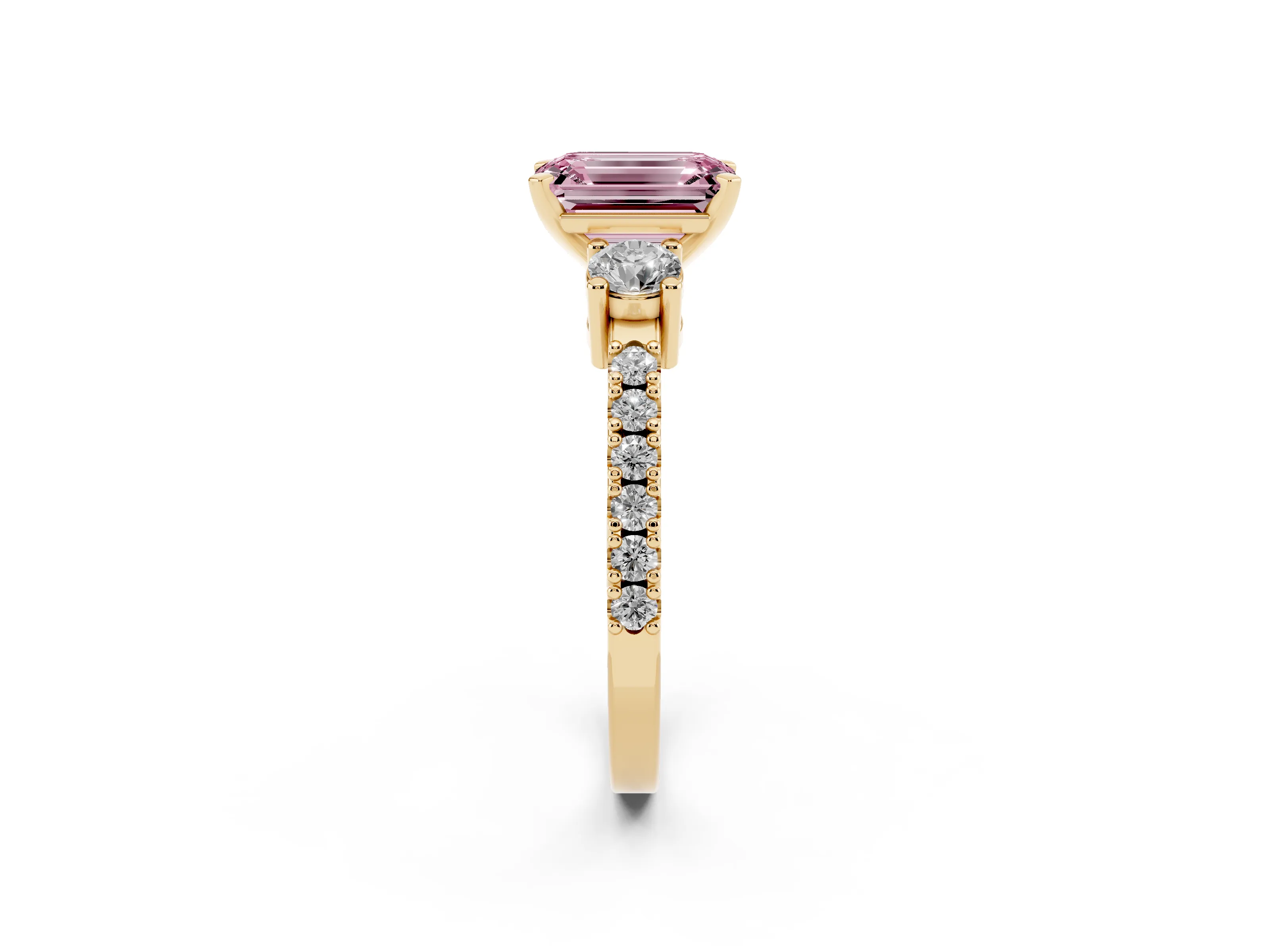 Fancy Pink Three-Stone Emerald Cut Diamond Pavé Band Ring Set in Yellow gold with Prong Setting