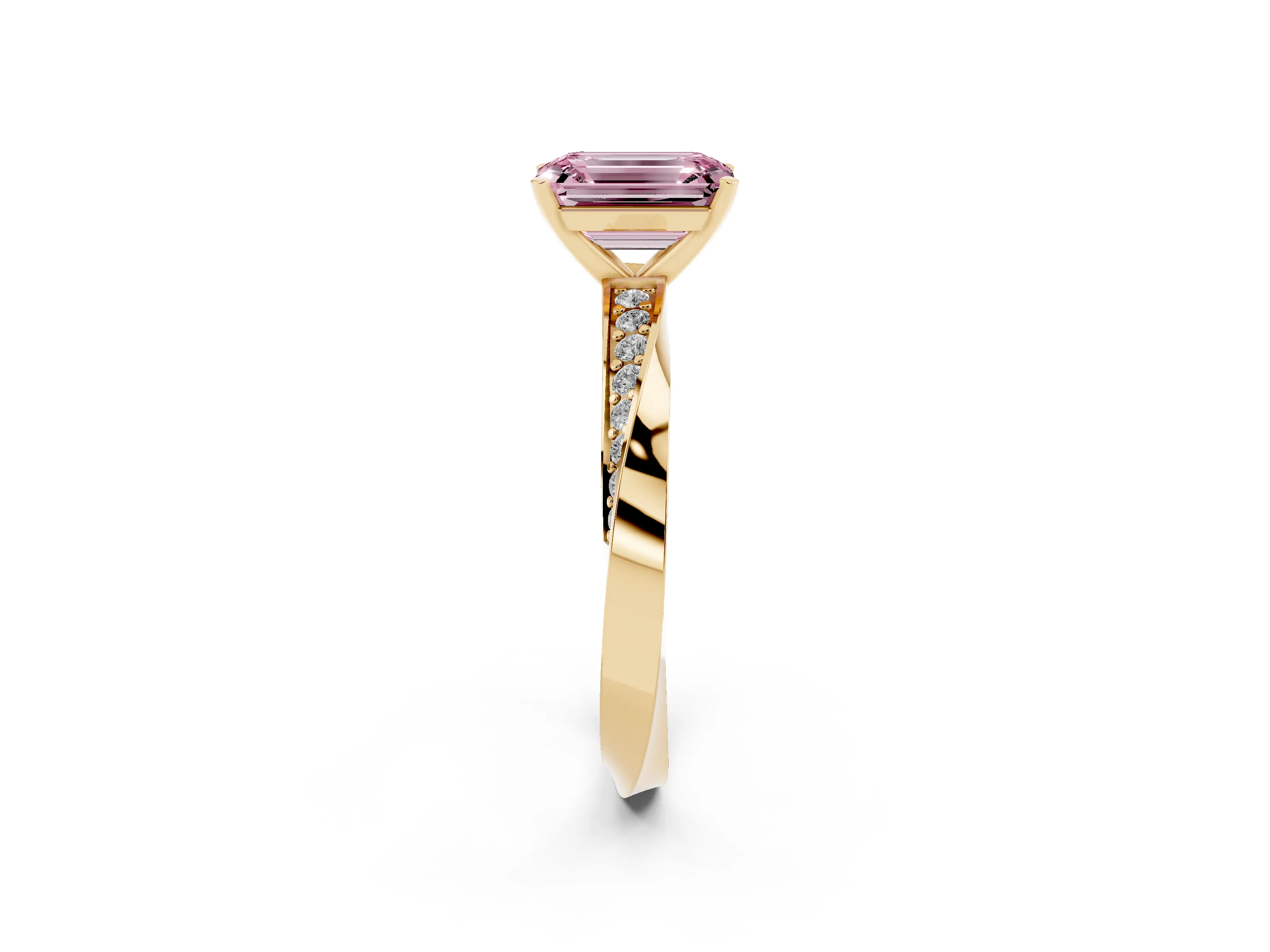 Fancy Pink Emerald Cut Diamond Engagement Ring Set in Yellow gold with Side Stone Accents and Prong Setting