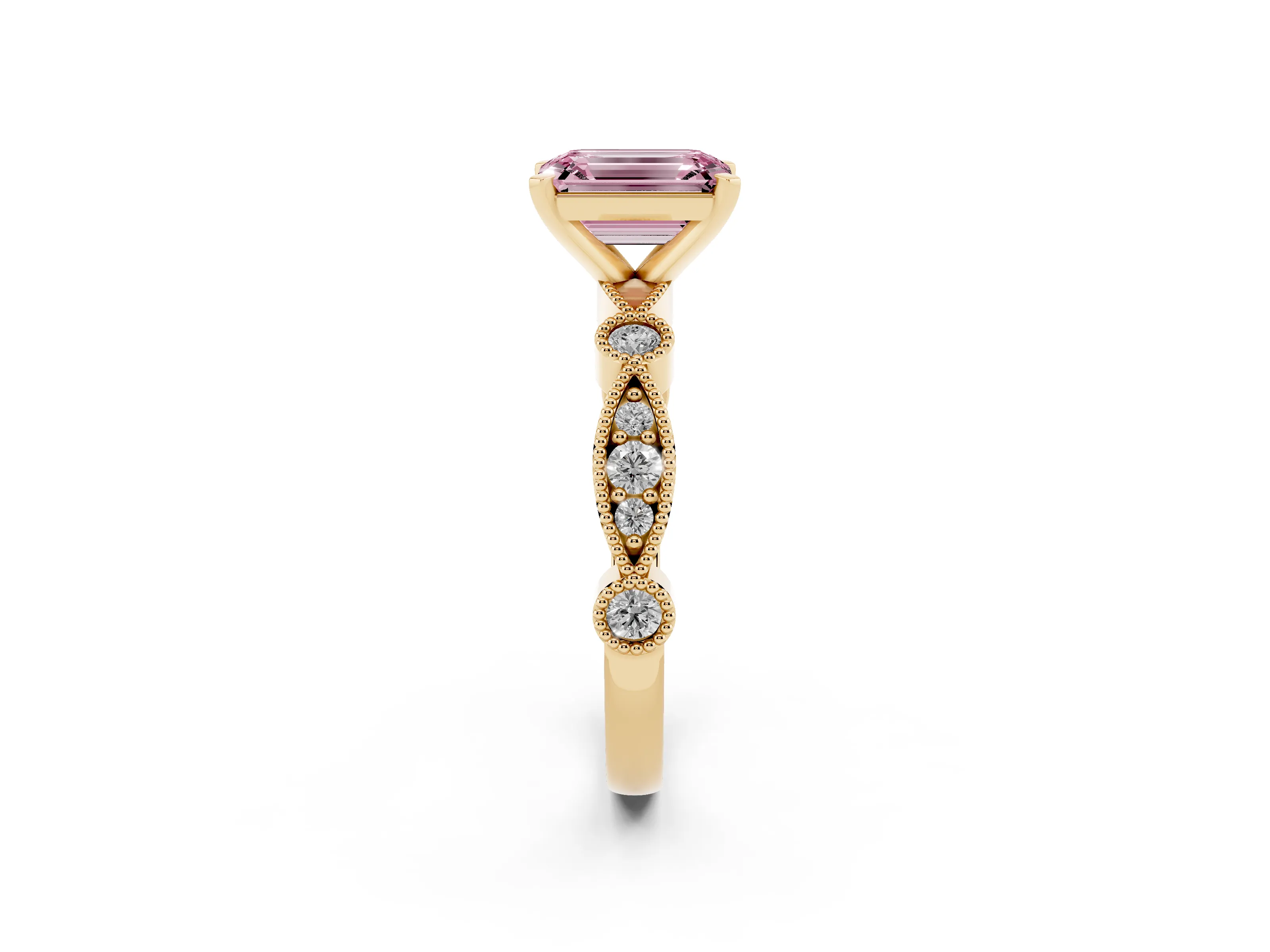 Fancy Pink Emerald Cut Diamond Solitaire Engagement Ring Set in Yellow gold with Milgrain Bezel Accent Band