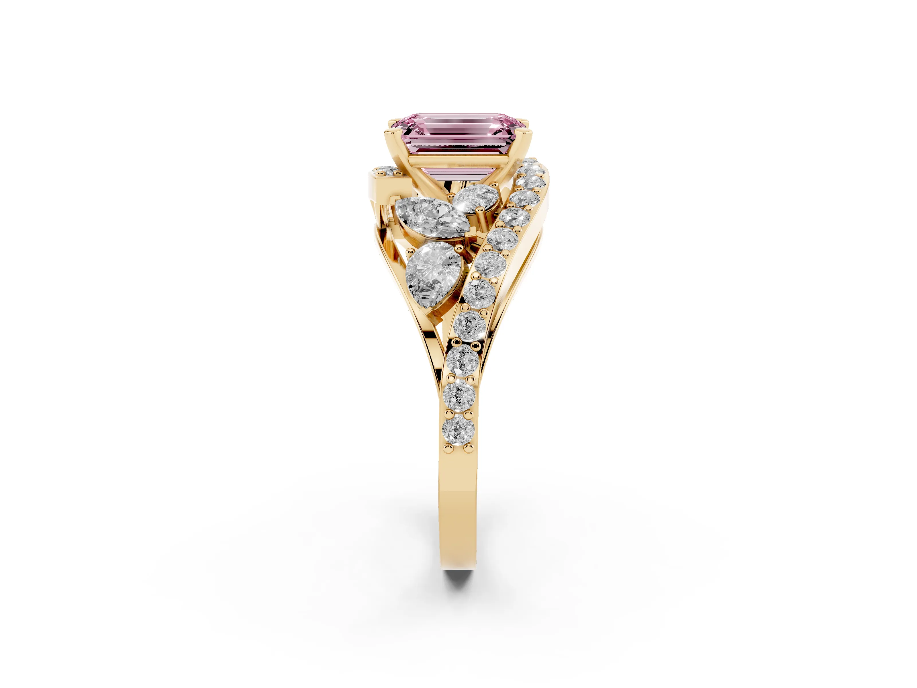 Fancy Pink Emerald Cut Diamond Halo Ring Set in Yellow gold with Marquise and Pavé Band in Prong Setting