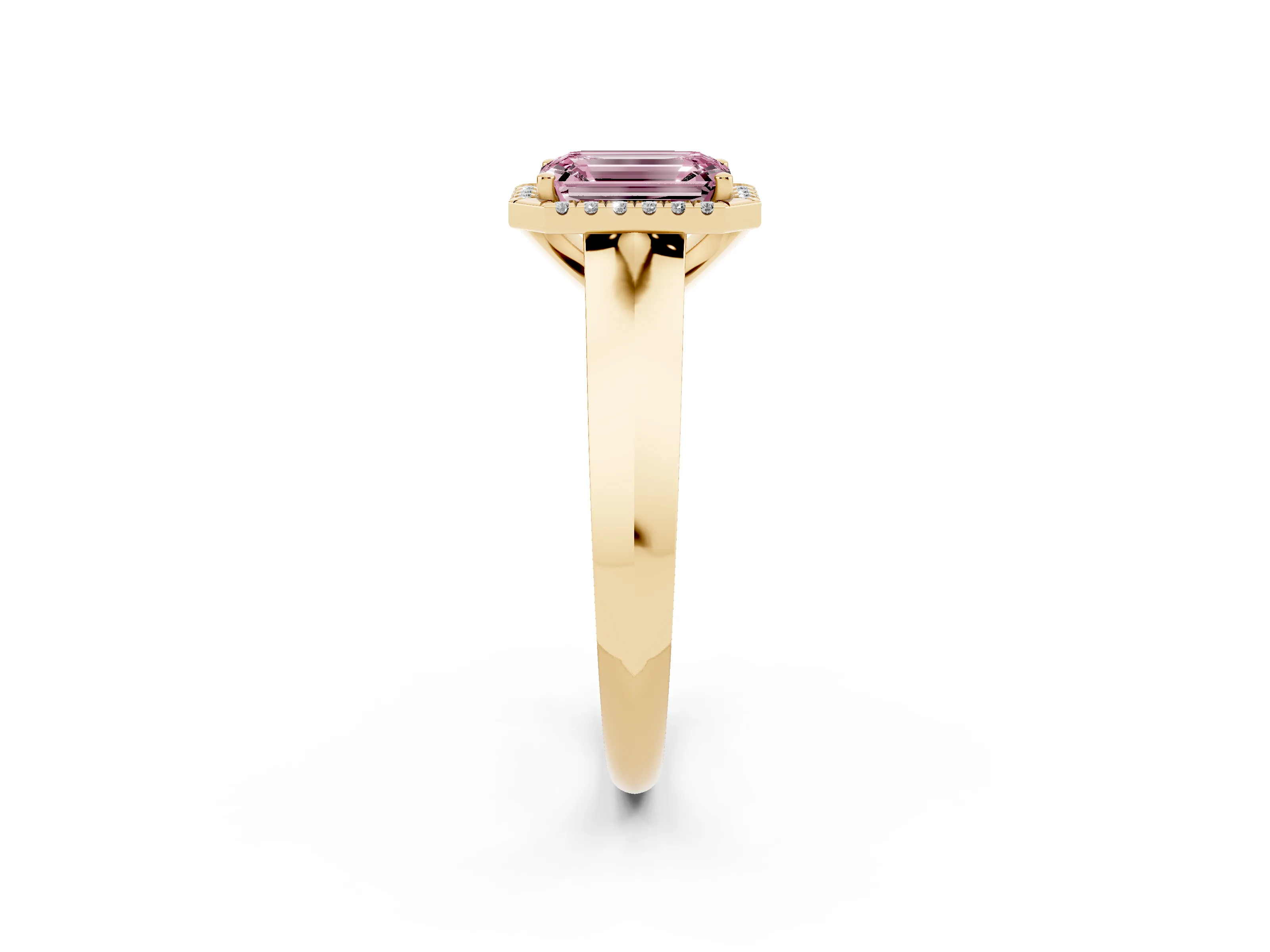 Fancy Pink Emerald Cut Diamond Halo Ring Set in Yellow gold with Cathedral Band and Prong Setting