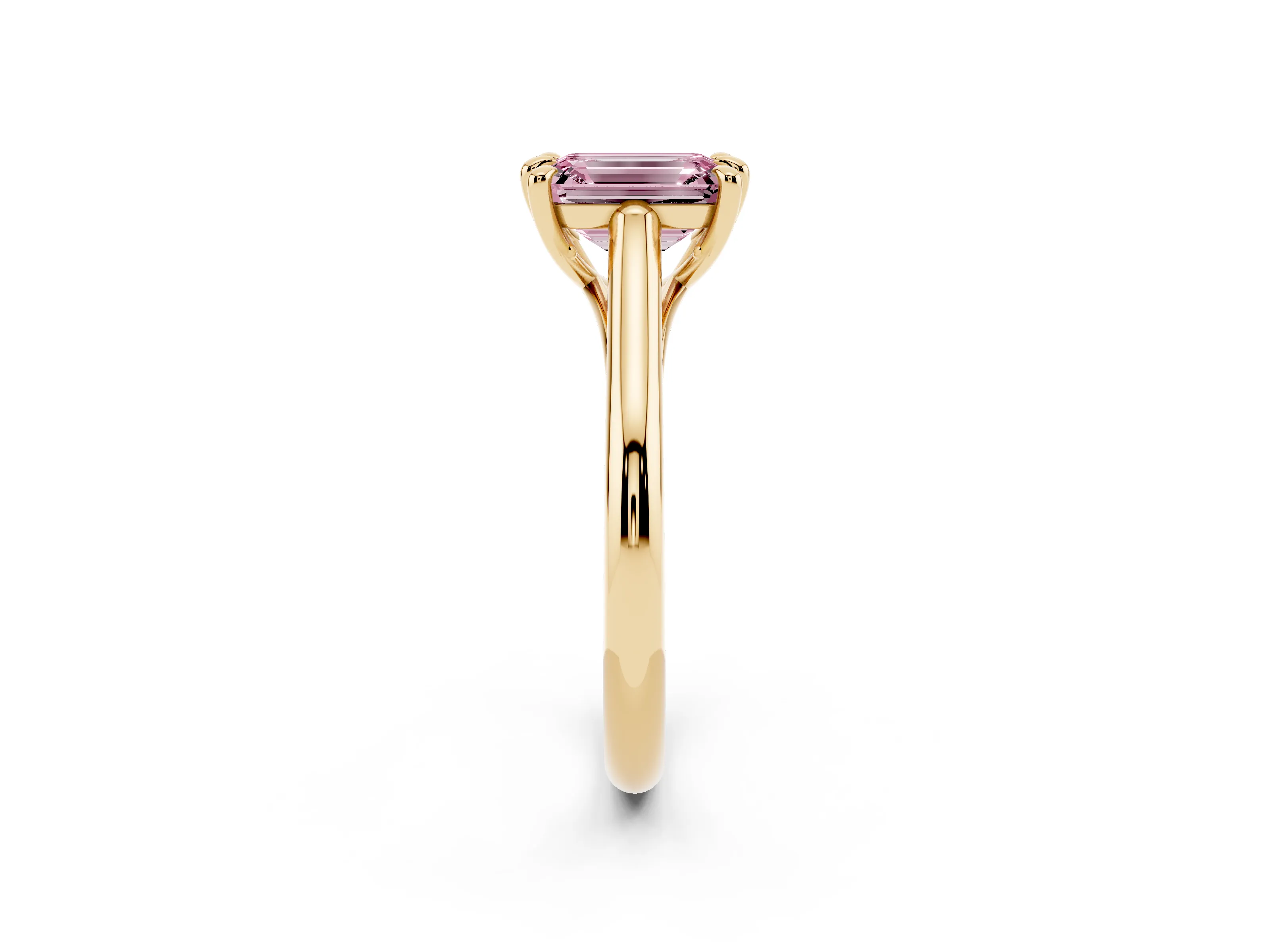 Fancy Pink Emerald Cut Diamond Solitaire Engagement Ring Set in Yellow gold with Prong Setting and Plain Classic Band