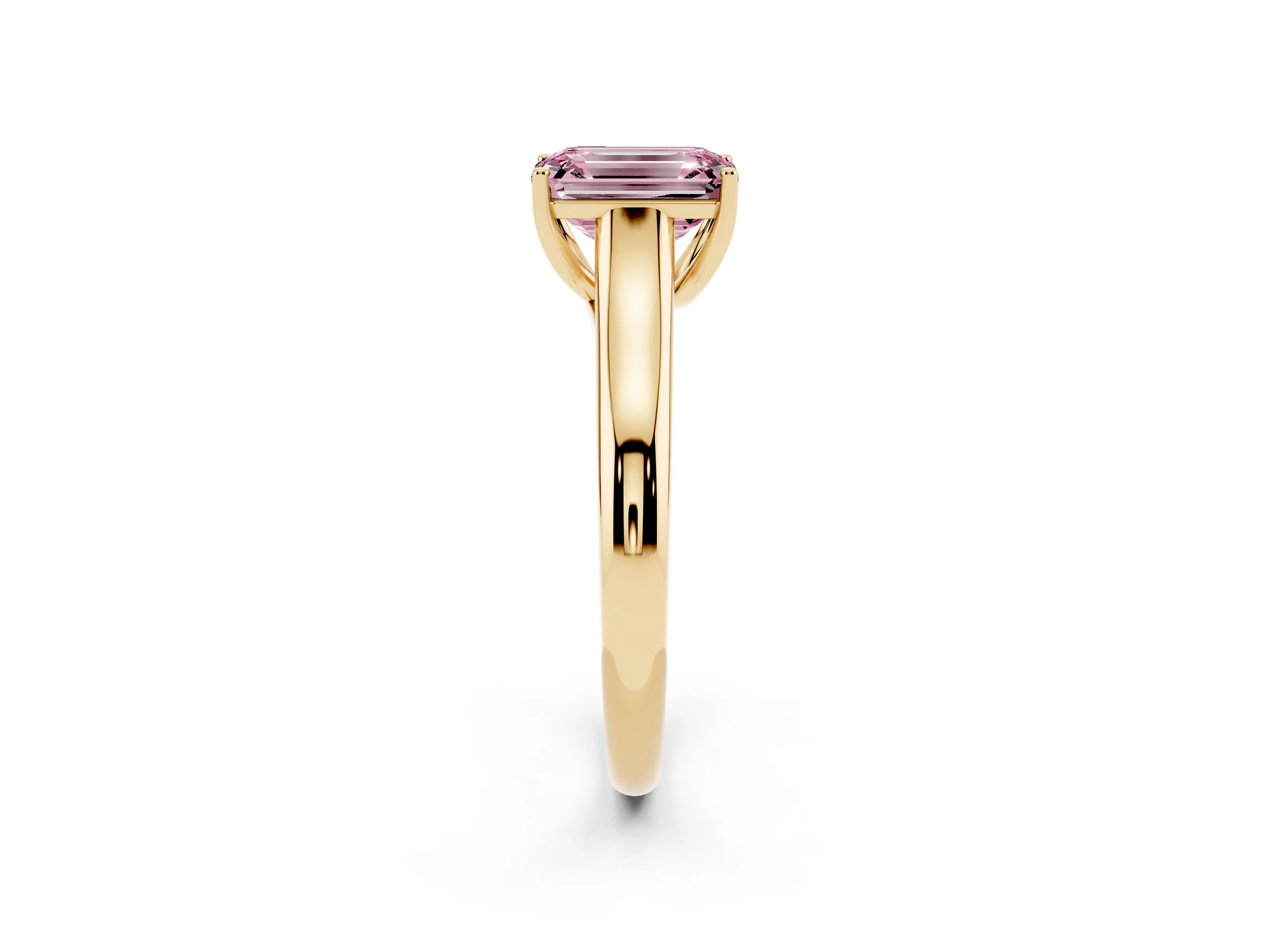 Fancy Pink Emerald Cut Diamond Solitaire Engagement Ring Set in Yellow gold with Subtly Tapered Band and Prong Setting