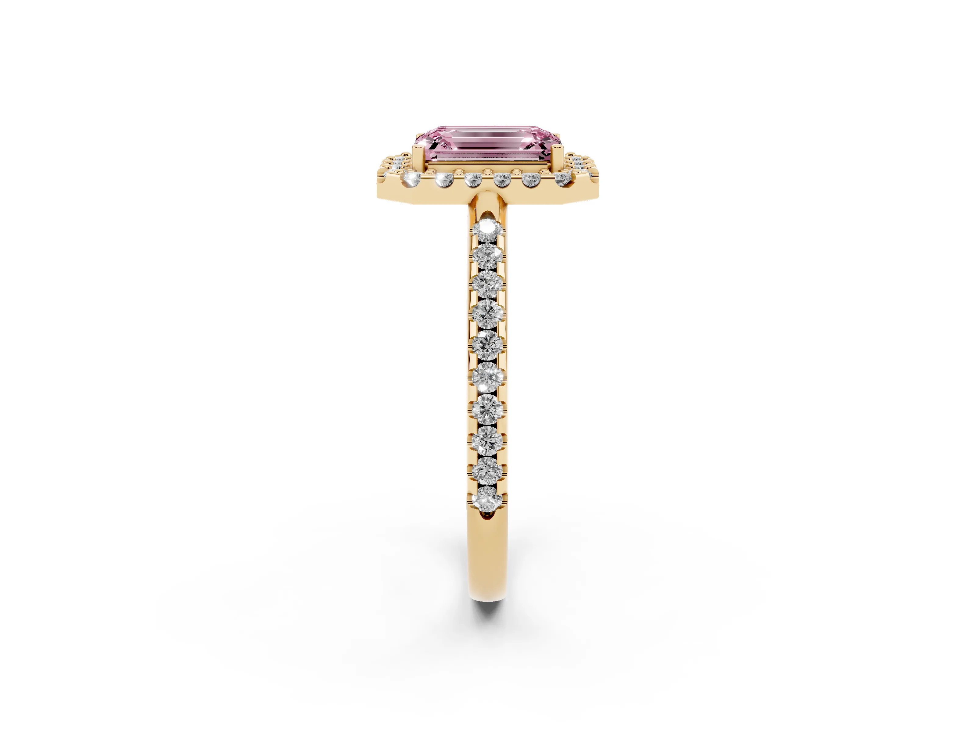 Fancy Pink Emerald Cut Diamond Pavé Halo Ring Set in Yellow gold with Prong Setting