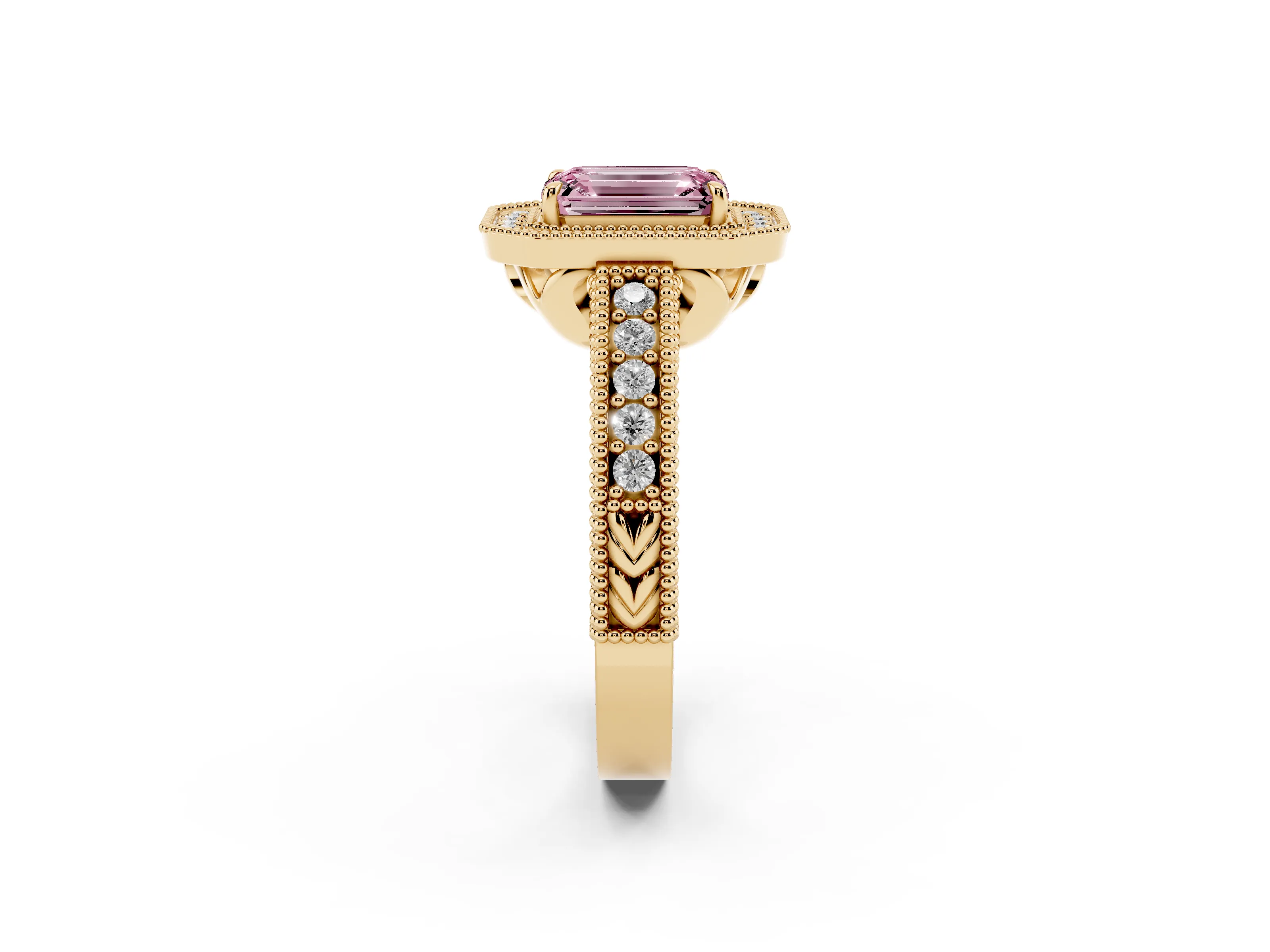 Fancy Pink Emerald Cut Diamond Halo Ring Set in Yellow gold with Round Accent Halo, Pavé Band and Prong Setting