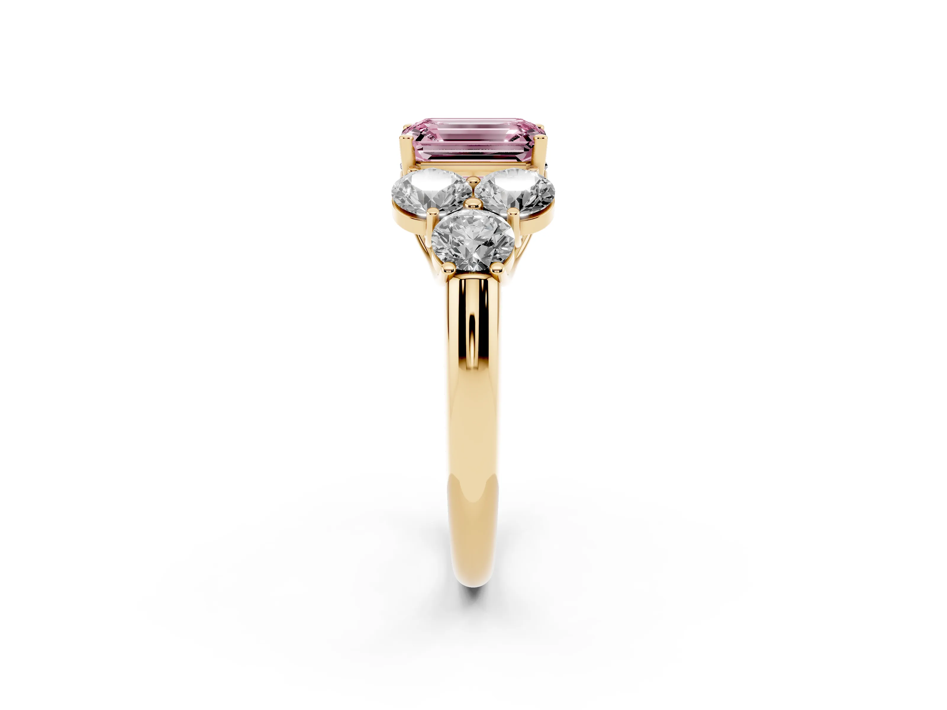 Fancy Pink Emerald Cut Diamond Cluster Ring Set in Yellow gold with Round Accent Stones and Prong Setting on a Plain Band