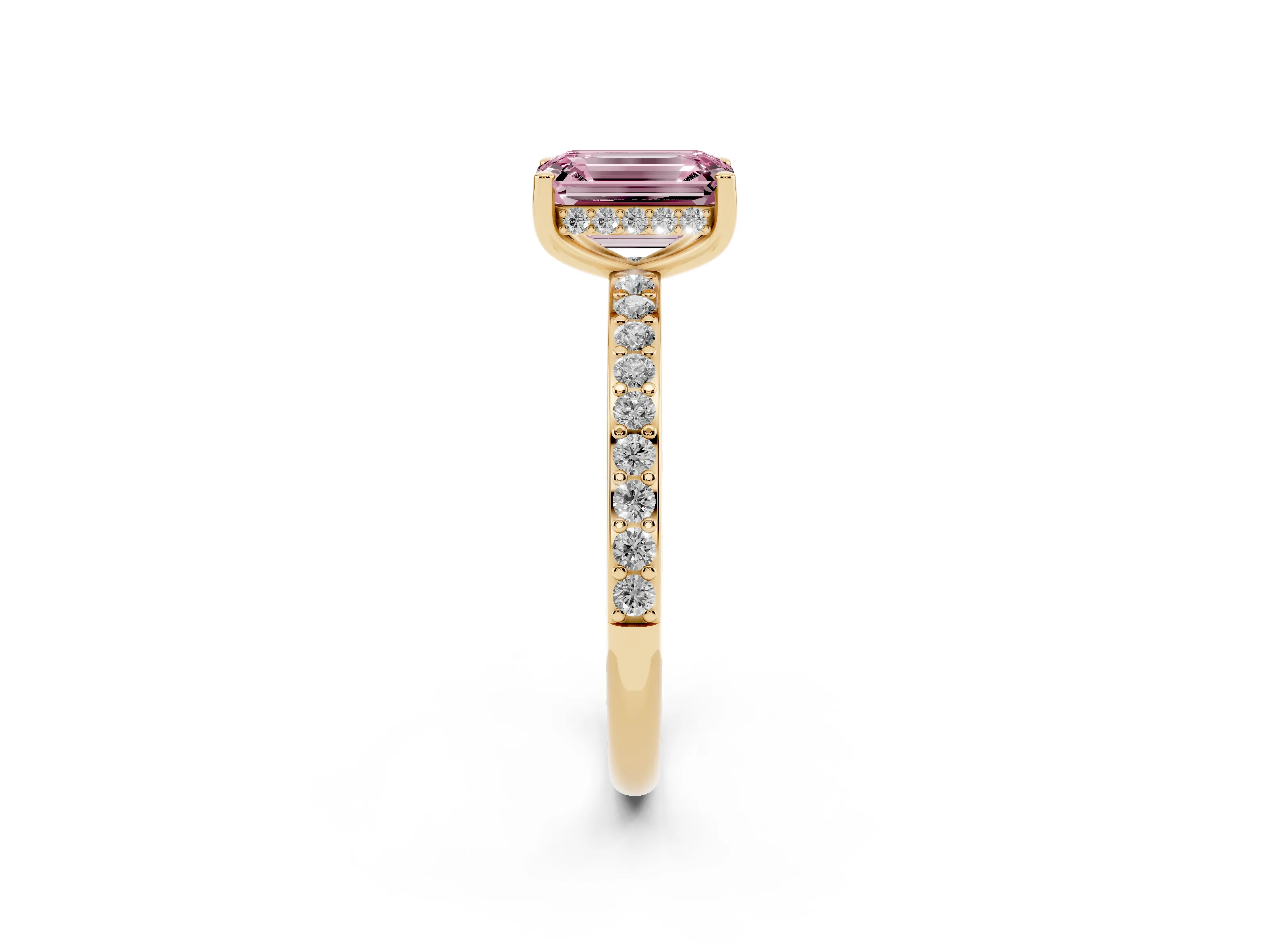Fancy Pink Emerald Cut Diamond Pavé Band Ring Set in Yellow gold with Prong-Set Center Stone