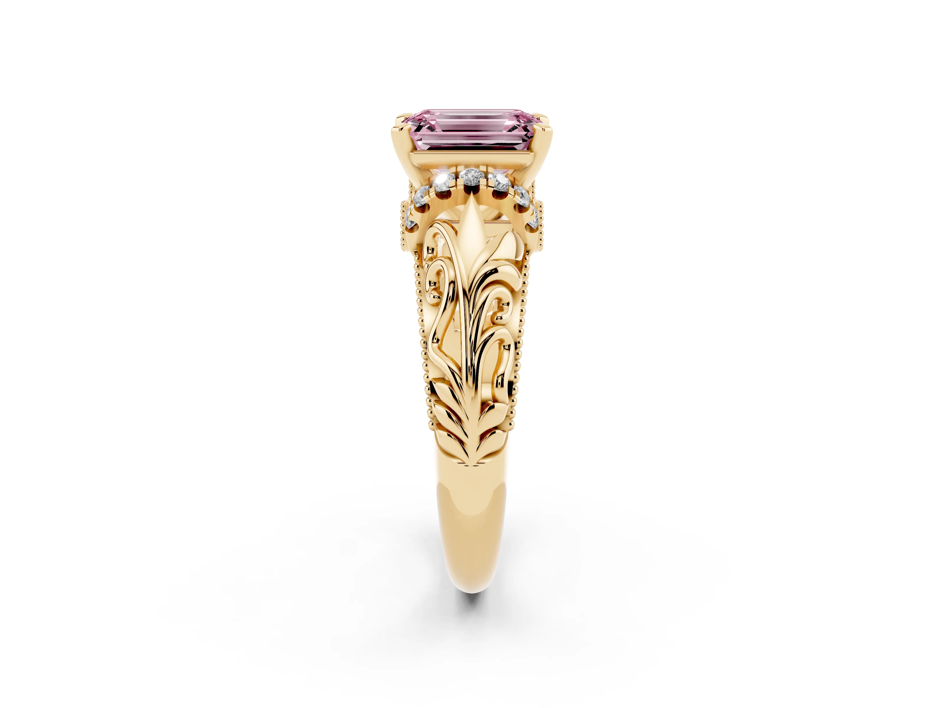 Fancy Pink Emerald Cut Diamond Filigree Halo Engagement Ring Set in Yellow gold with Prong Setting