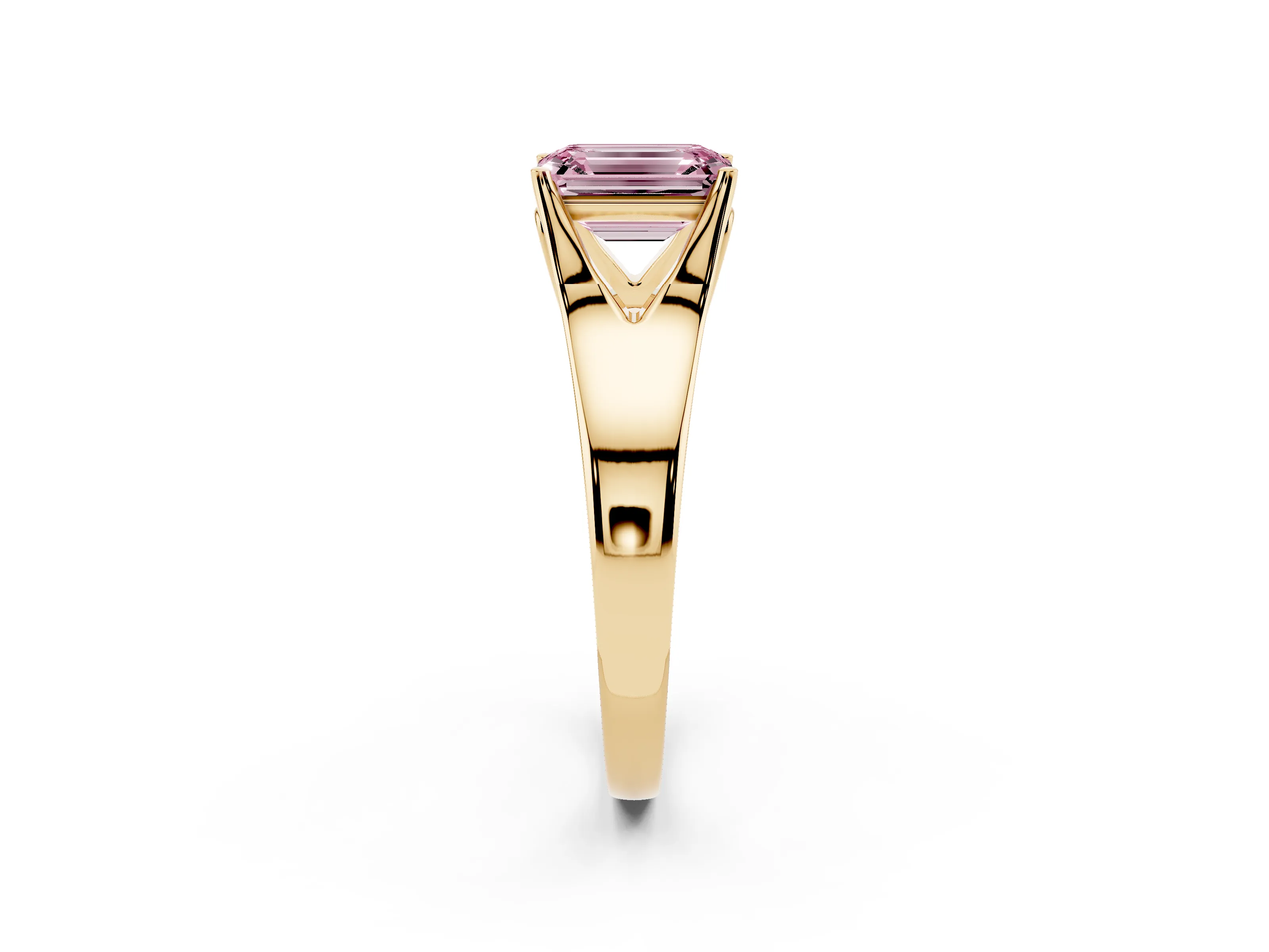 Fancy Pink Emerald Cut Diamond Solitaire Ring Set in Yellow gold with Arched Cathedral Band and Prong Setting