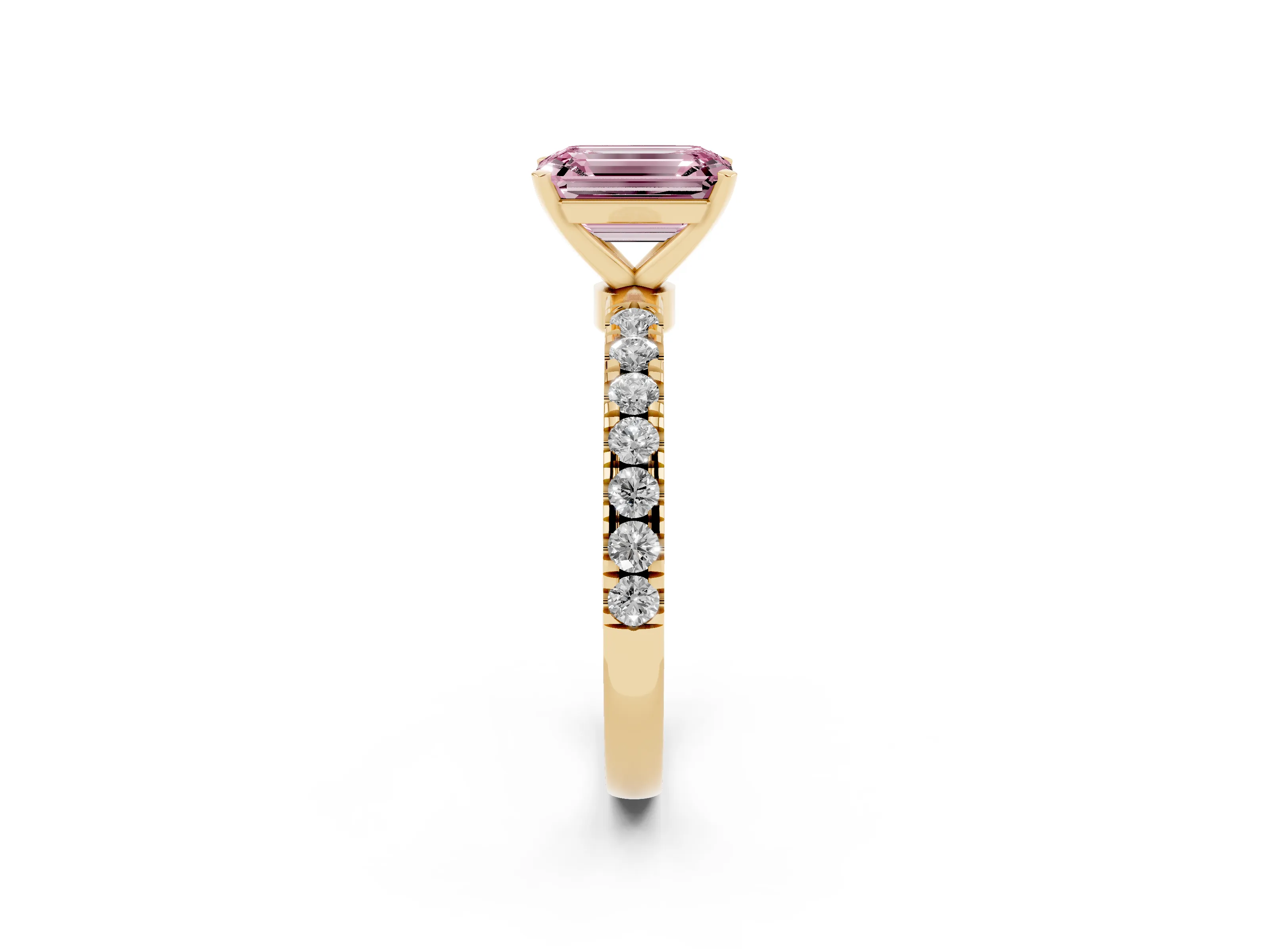 Fancy Pink Emerald Cut Diamond Solitaire Ring Set in Yellow gold with Pavé Accents and Prong Setting
