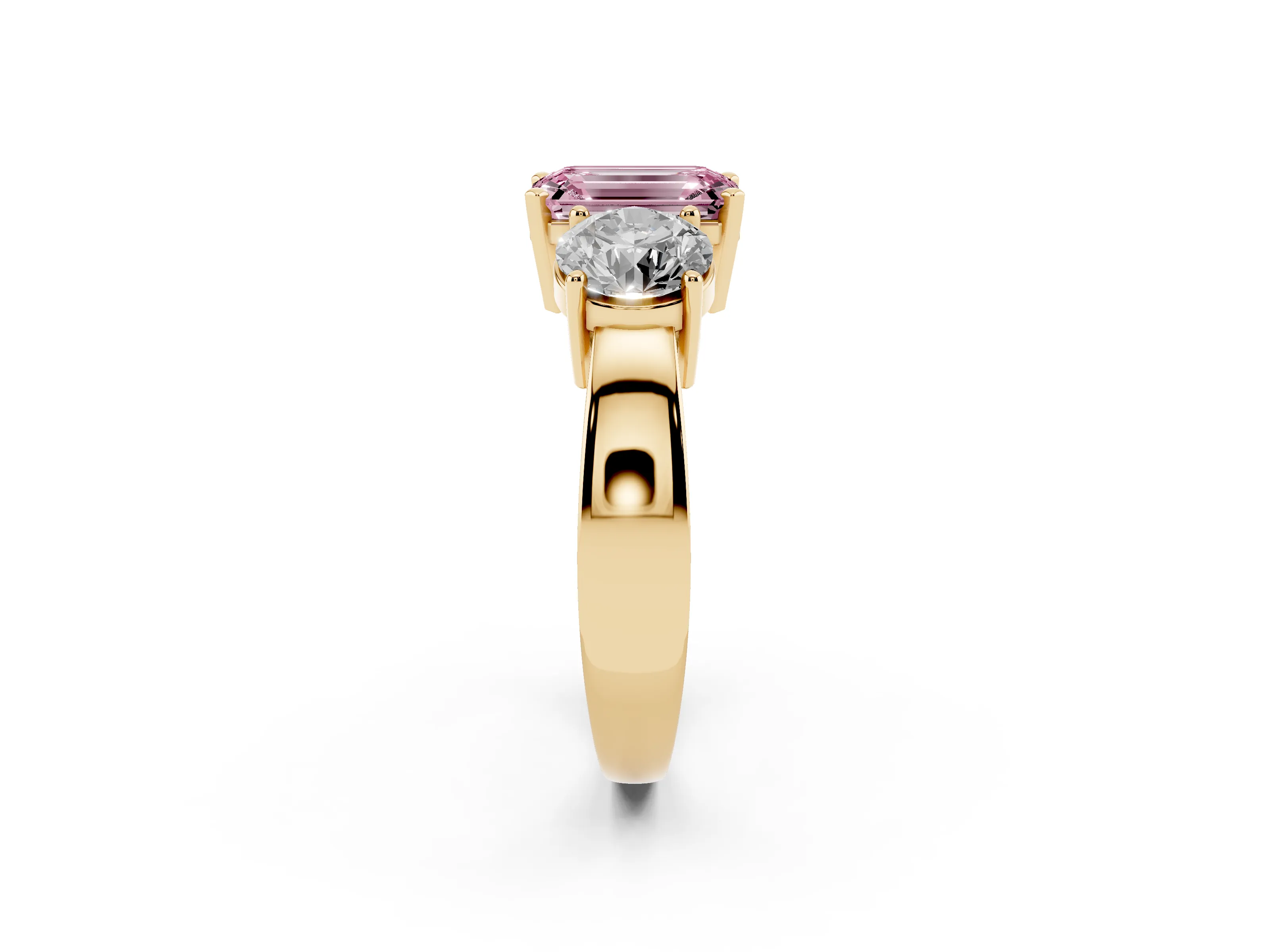 Fancy Pink Emerald Cut Diamond Three-Stone Ring Set in Yellow gold with Round Side Stones and Classic Band