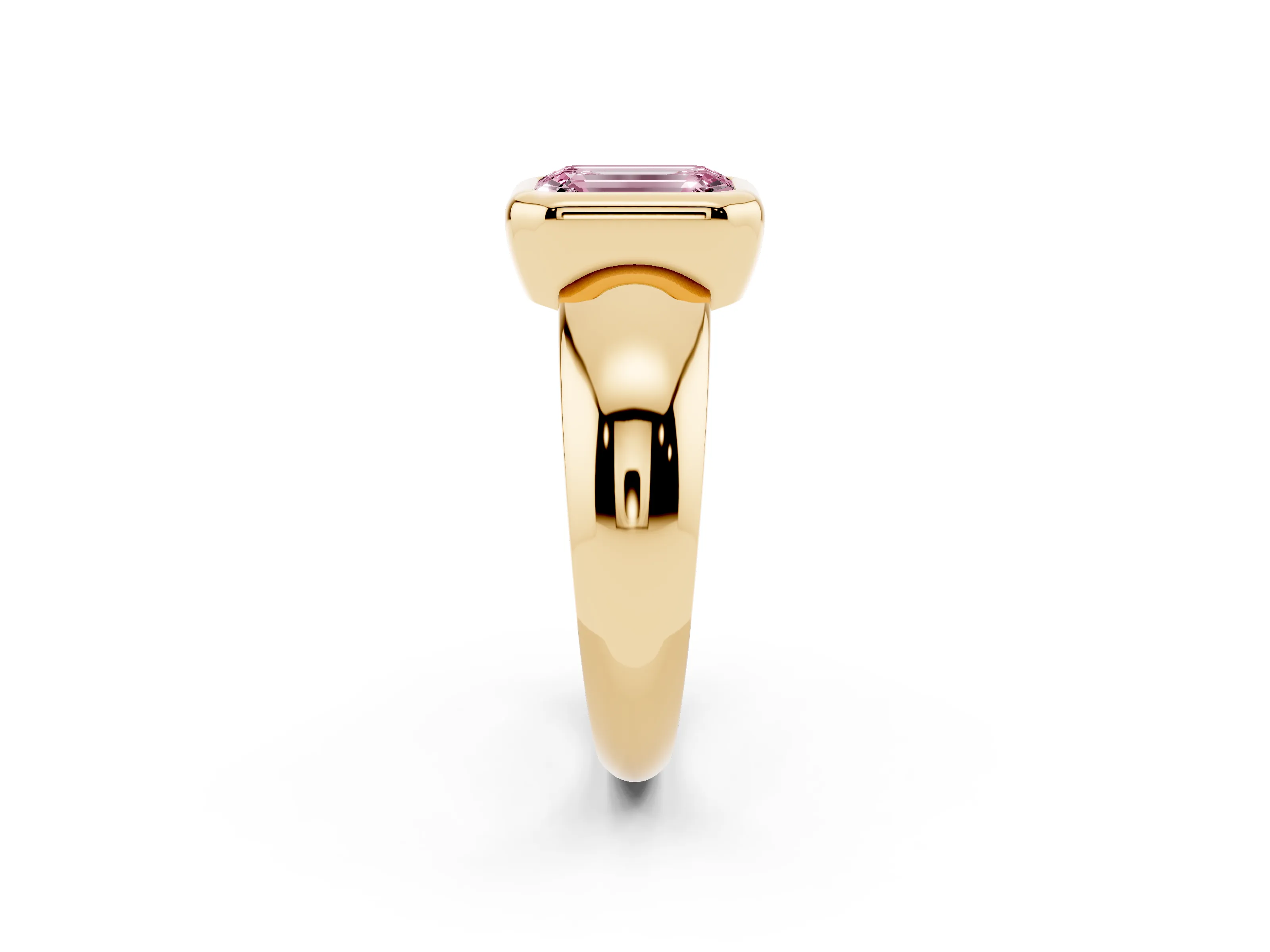 Fancy Pink Bezel Set Emerald Cut Diamond Solitaire Ring Set in Yellow gold with Wide Band