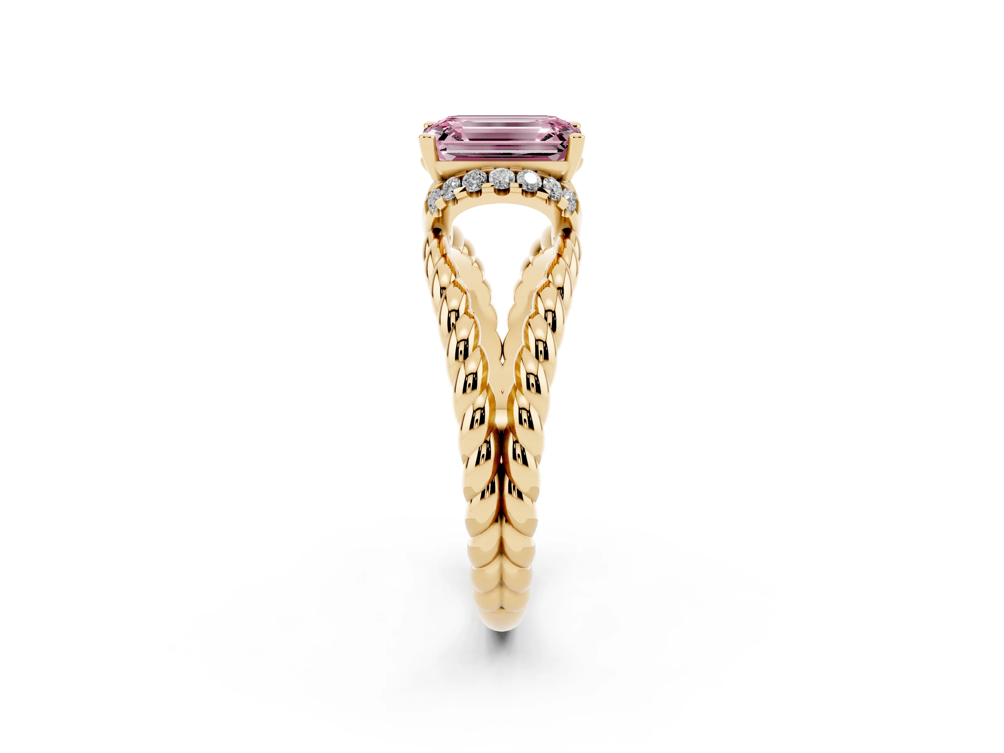 Fancy Pink Emerald Cut Diamond Halo Ring Set in Yellow gold with Twisted Band and Prong Setting