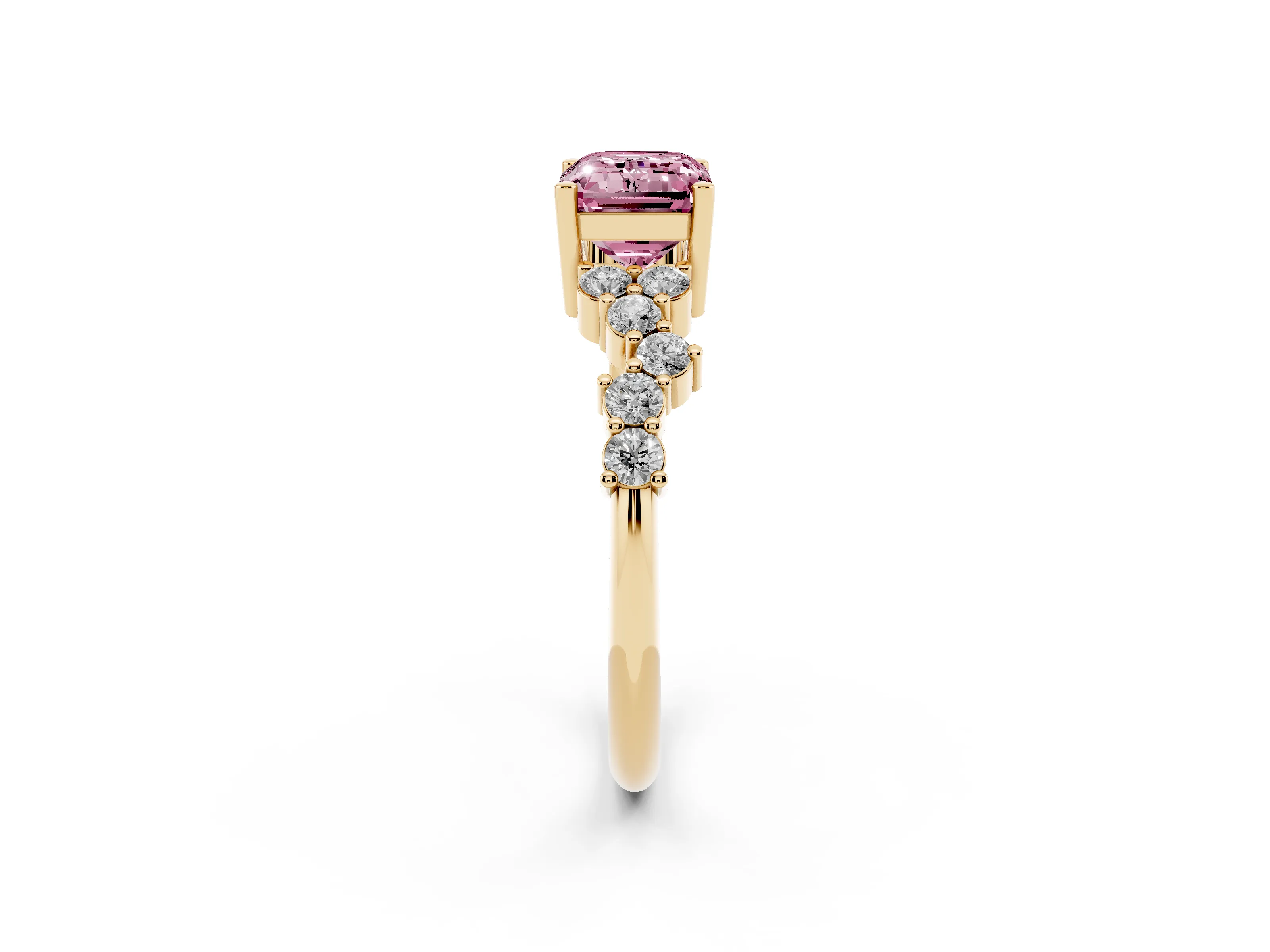 Fancy Pink Emerald Cut Diamond Ring Set in Yellow gold with Scattered Round Accents