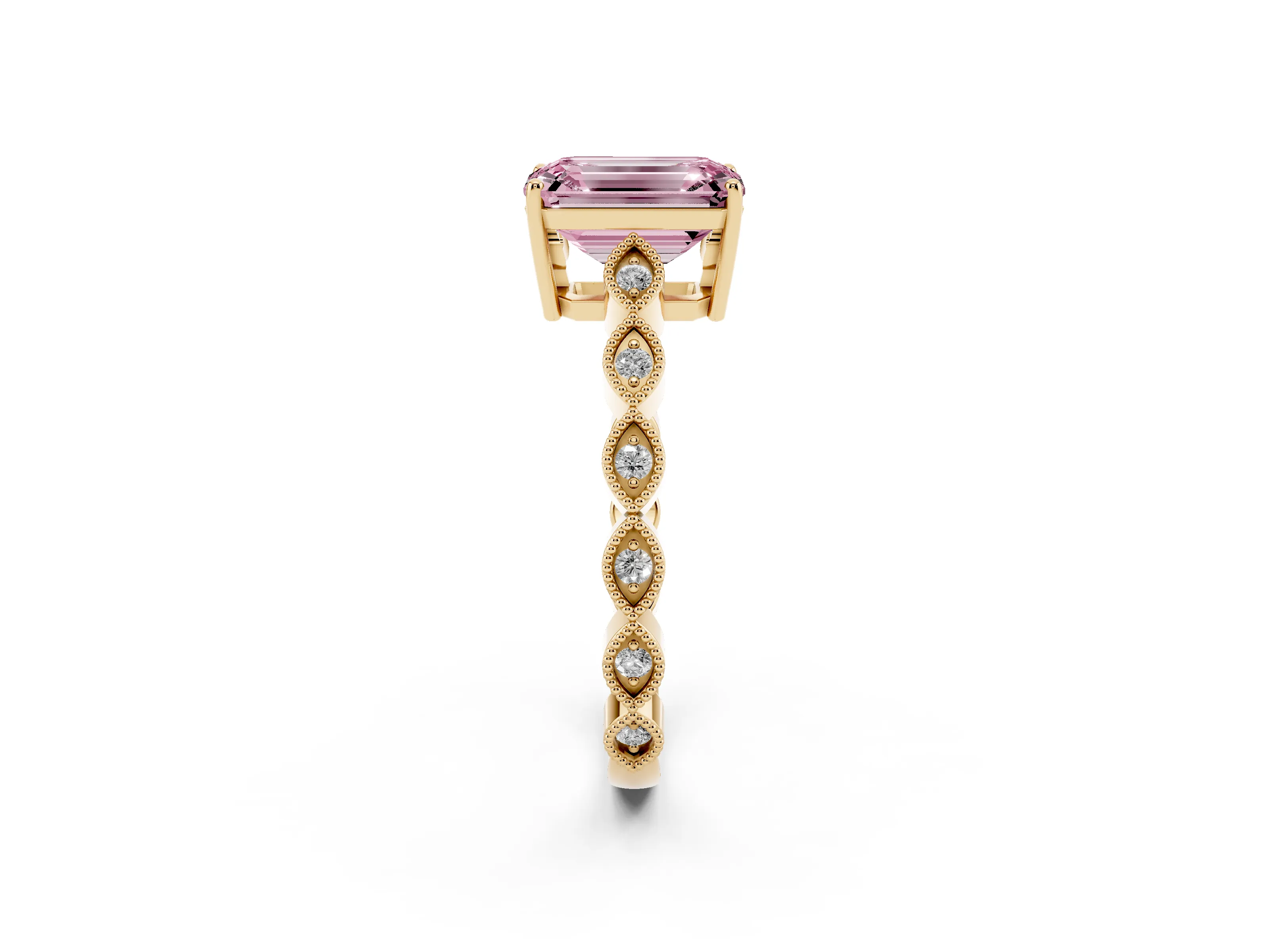 Fancy Pink Emerald Cut Diamond Solitaire Ring Set in Yellow gold with Infinity Twist Pavé Band