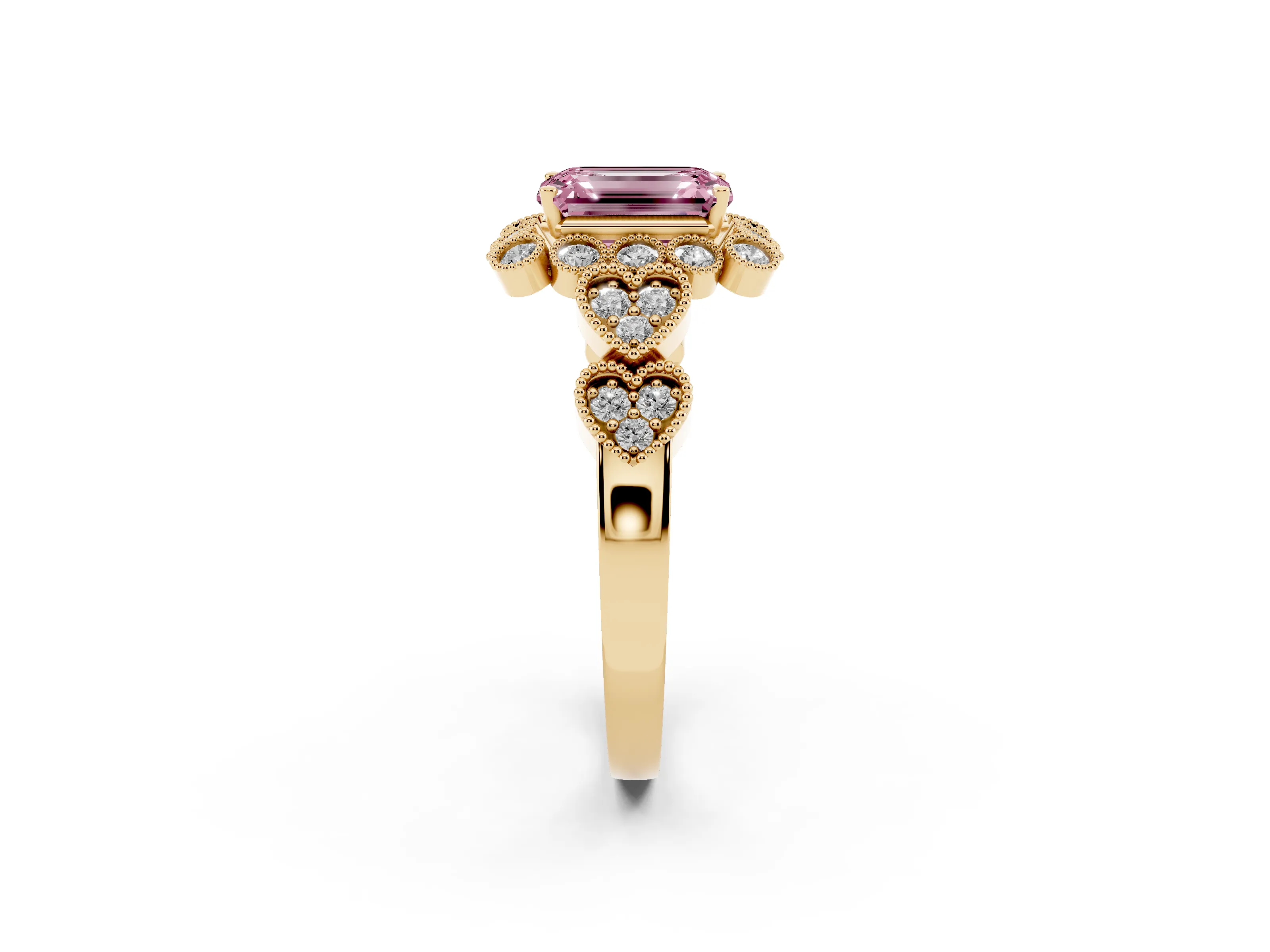 Fancy Pink Emerald Cut Diamond Solitaire Ring Set in Yellow gold with Milgrain Pavé Heart Band