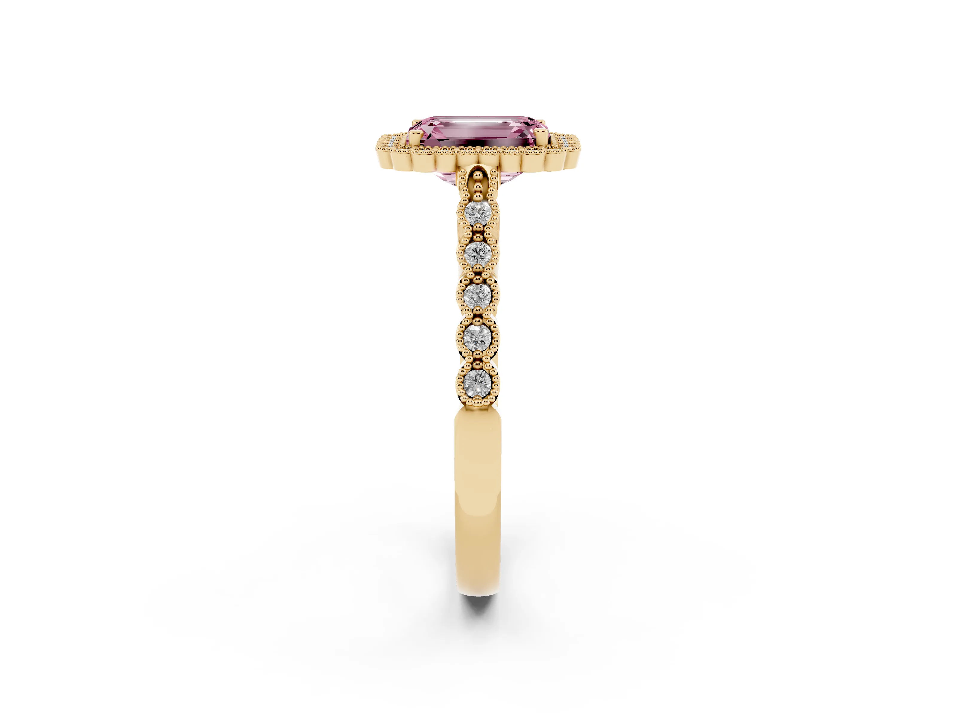 Fancy Pink Emerald Cut Diamond Halo Ring Set in Yellow gold with Pavé Milgrain Band
