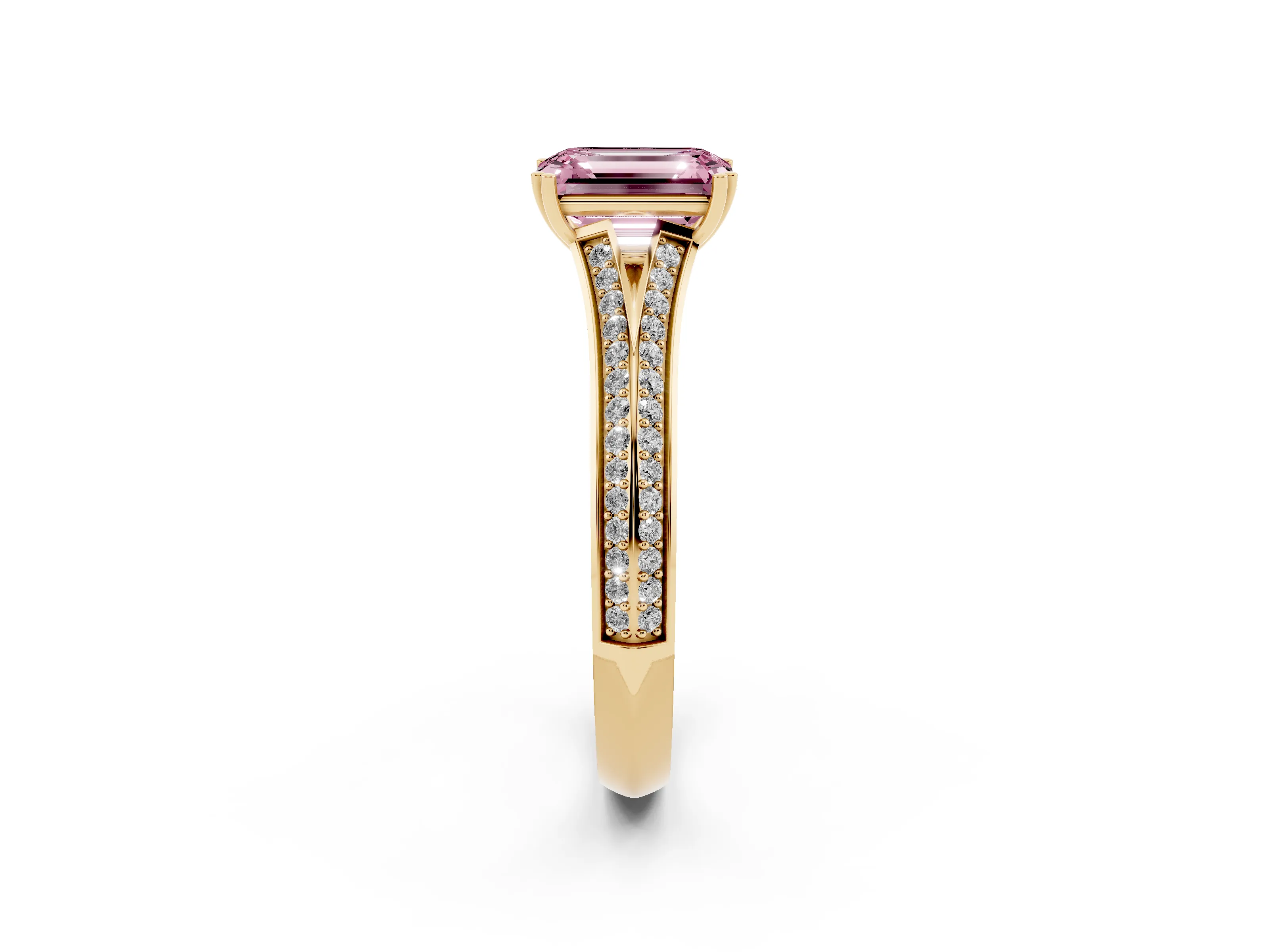 Fancy Pink Emerald Cut Diamond Split Shank Pavé Engagement Ring Set in Yellow gold with Prong-Set Center Stone