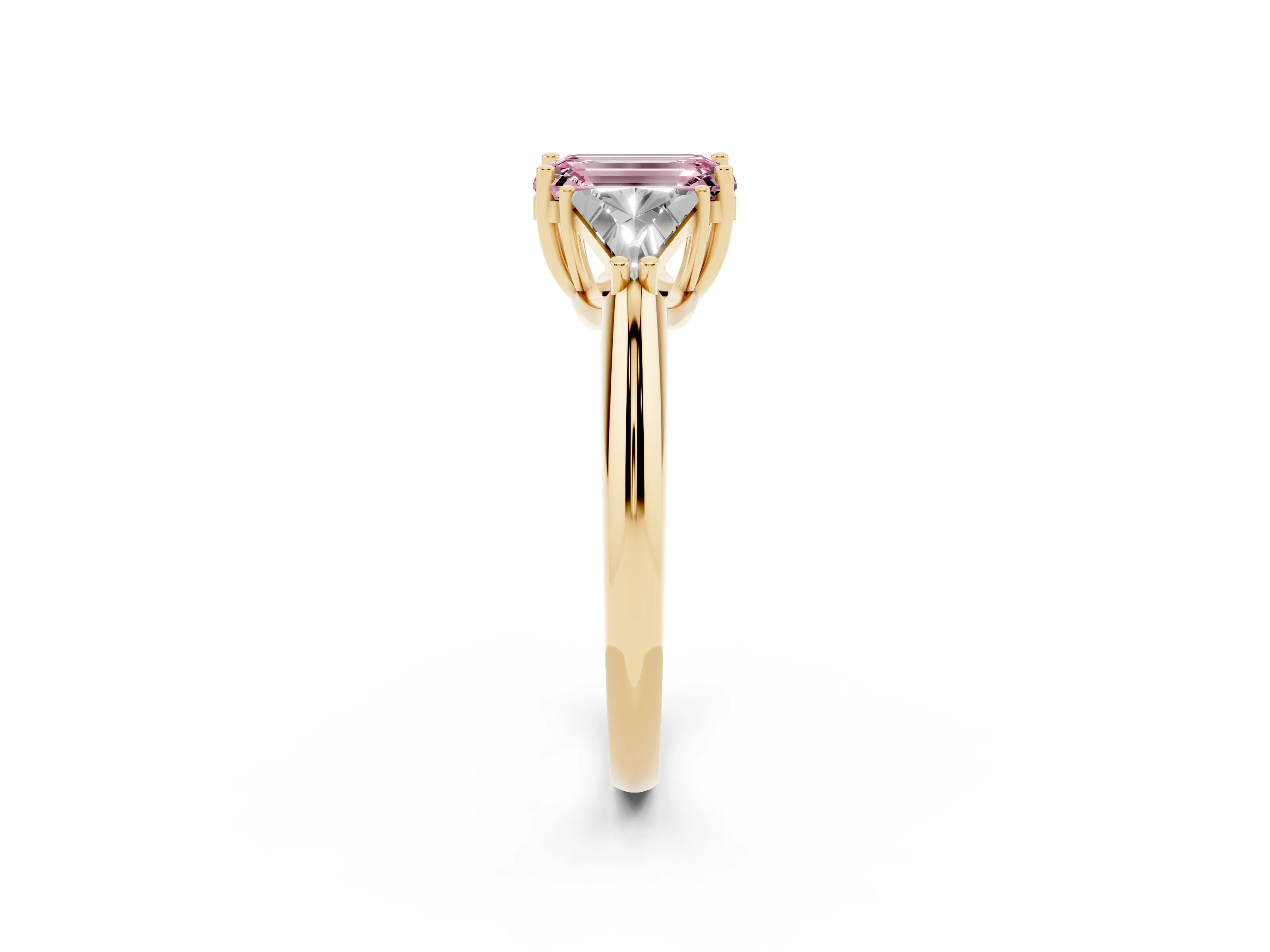 Fancy Pink Emerald Cut Diamond Three-Stone Engagement Ring Set in Yellow gold with Trillion Side Stones