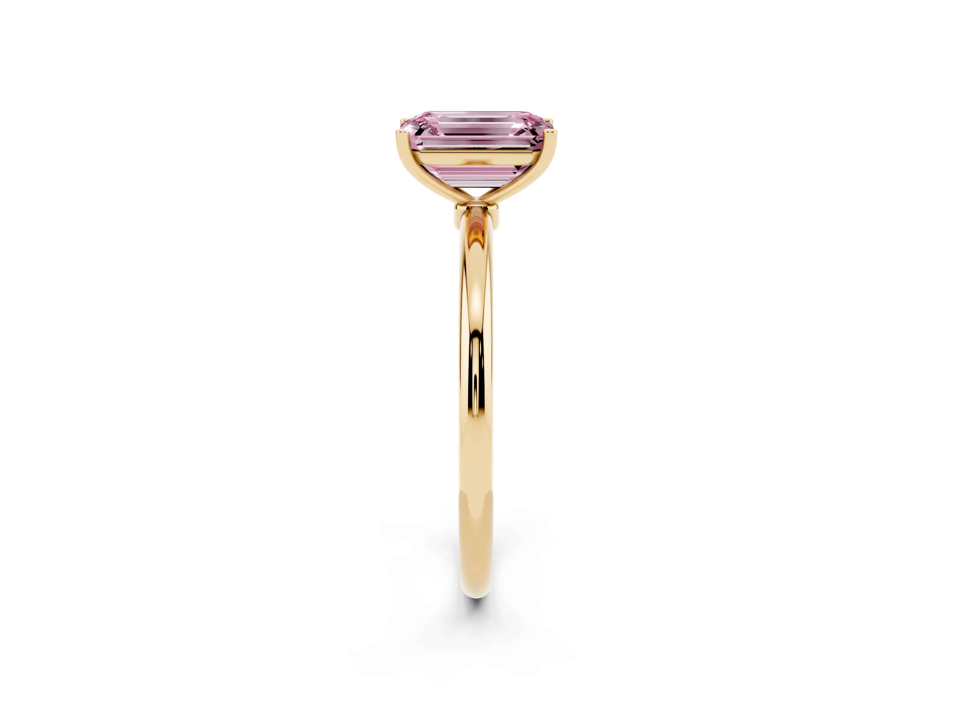 Fancy Pink Emerald Cut Diamond Solitaire Engagement Ring Set in Yellow gold with Thin Band and Prong Setting