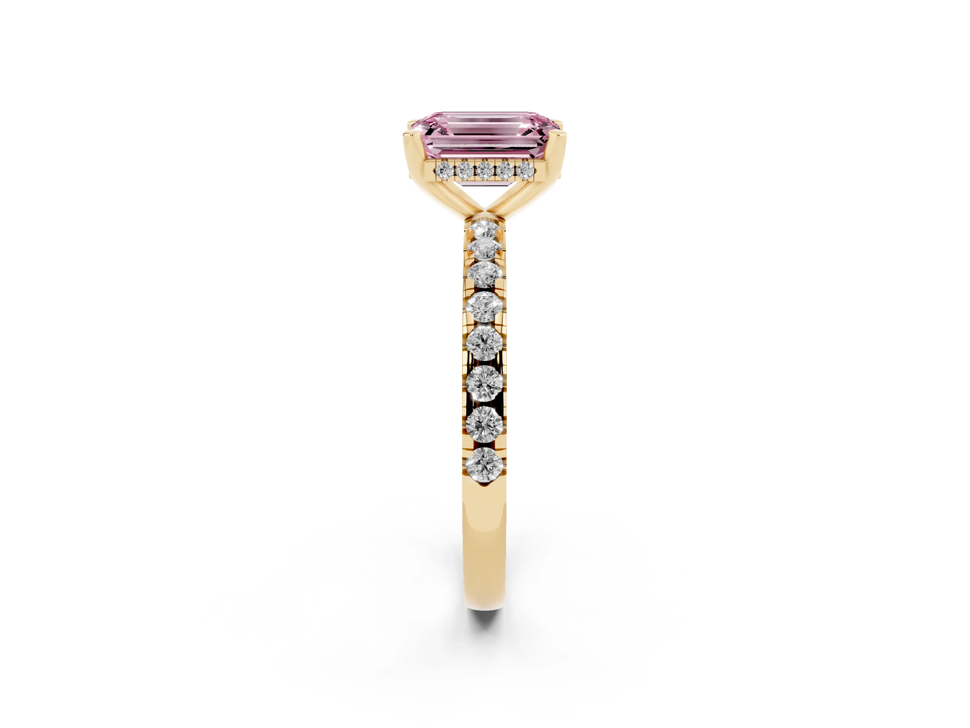 Fancy Pink Emerald Cut Diamond Pavé Solitaire Ring Set in Yellow gold with Round Band Accents and Prong Setting