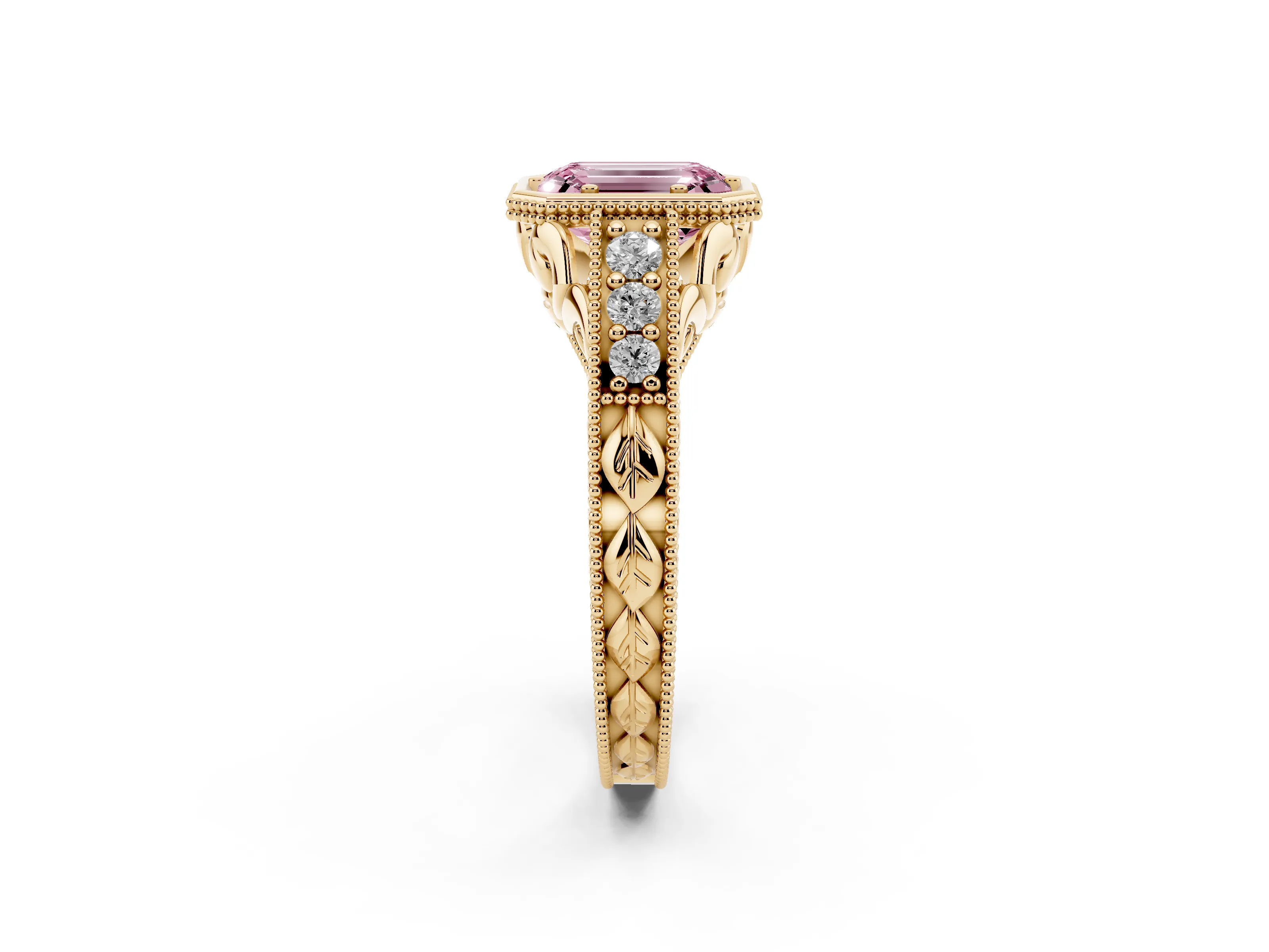 Fancy Pink Bezel Set Emerald Cut Diamond Milgrain Pavé Engagement Ring Set in Yellow gold