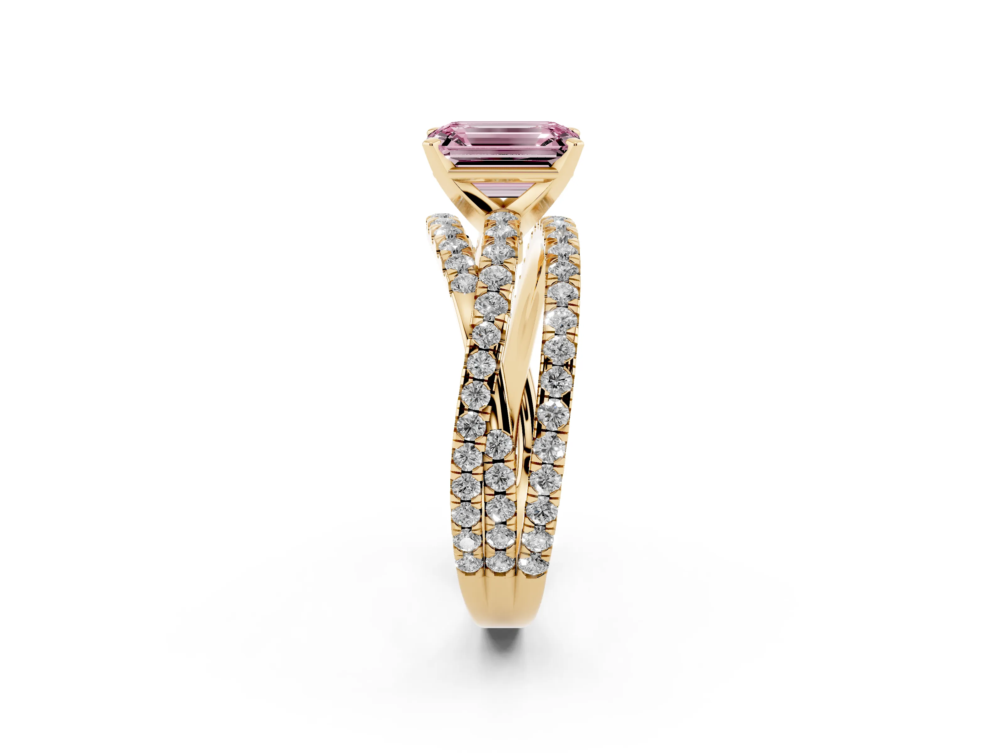 Fancy Pink Emerald Cut Diamond Solitaire Twist Band Ring Set in Yellow gold with Pavé Setting and Prong Head
