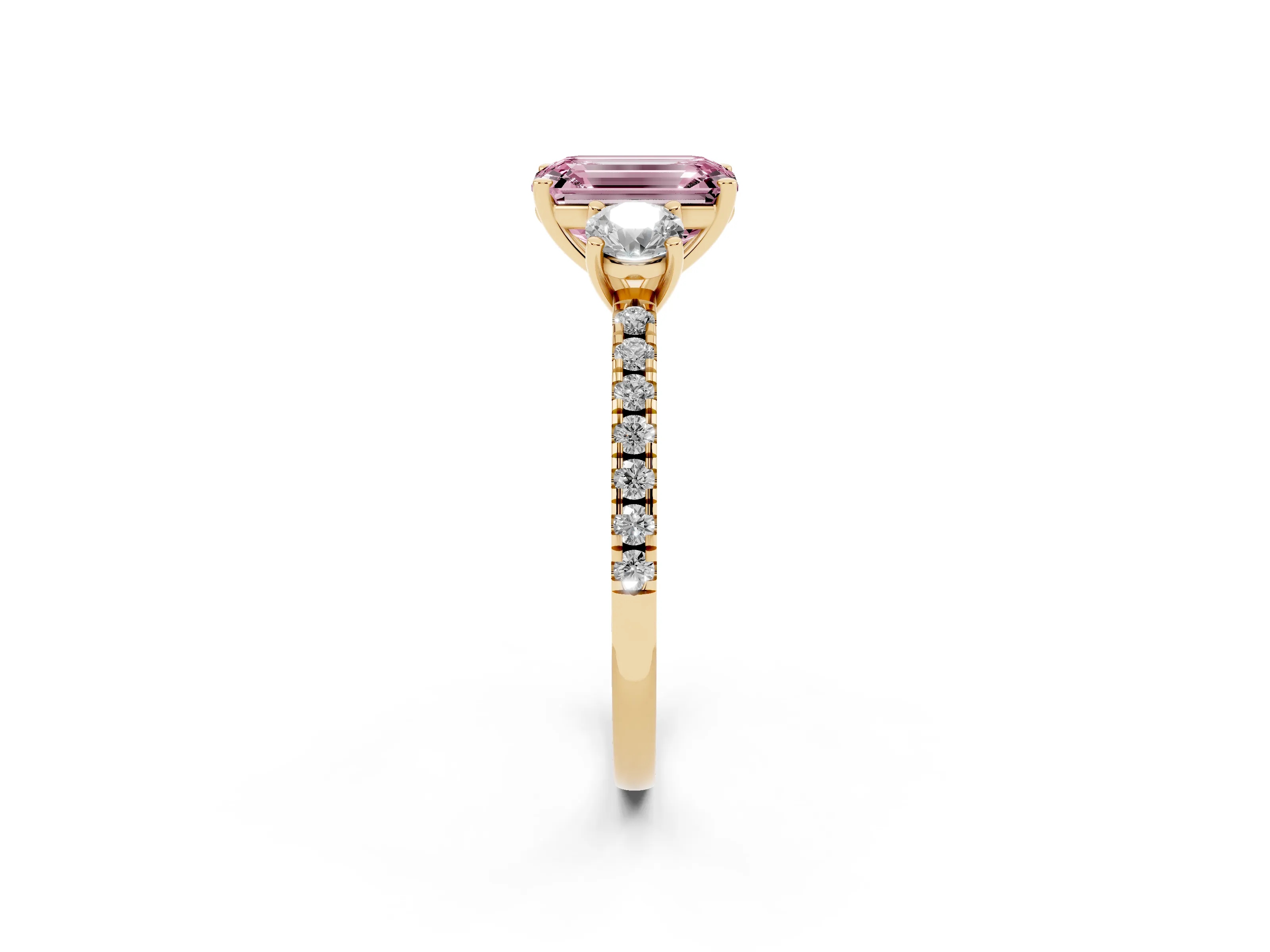 Fancy Pink Emerald Cut Diamond Three-Stone Ring Set in Yellow gold with Pavé Band and Graduated Sides