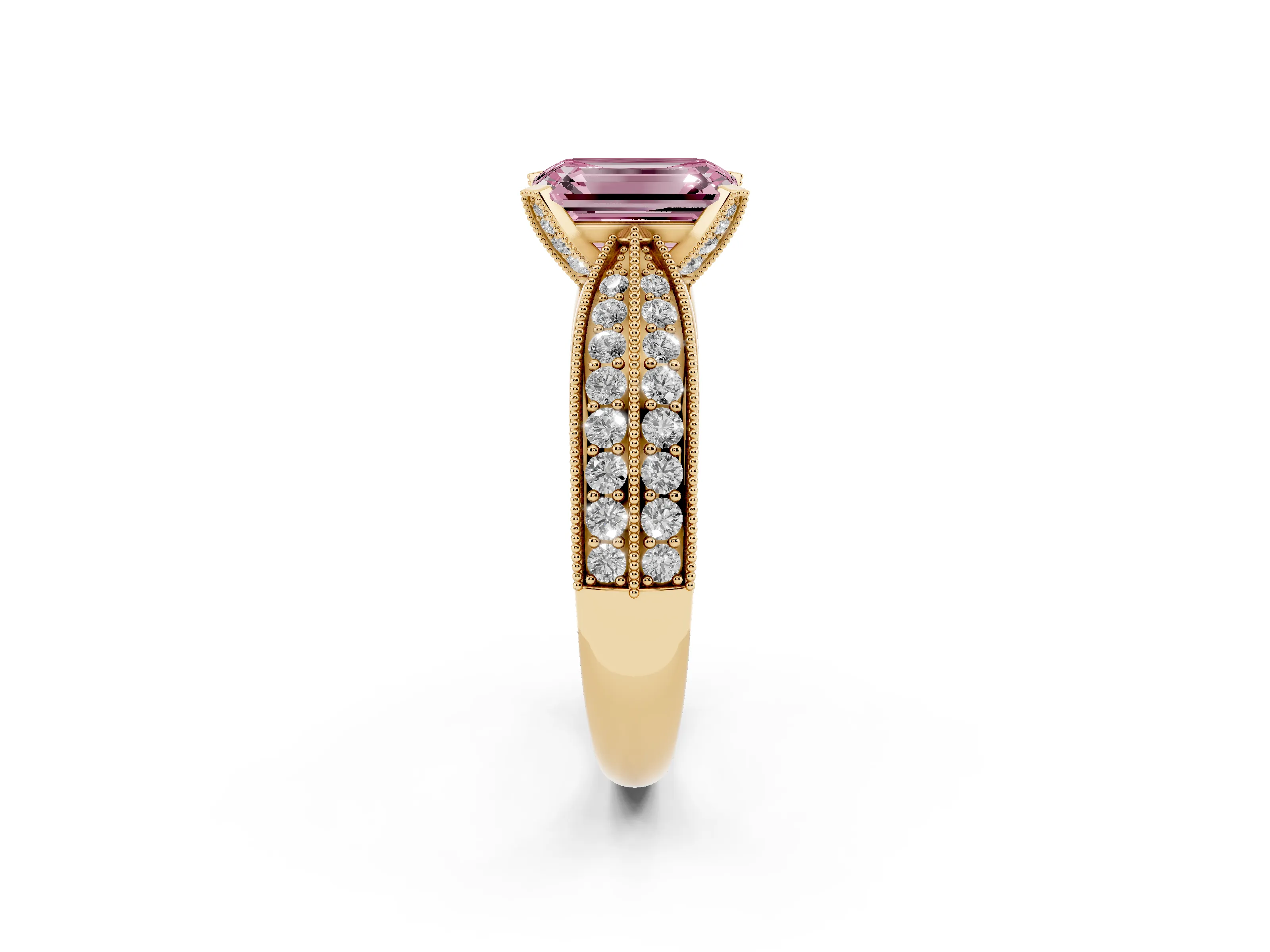 Fancy Pink Emerald Cut Diamond Solitaire Ring Set in Yellow gold with Milgrain Double Row Round Pavé Band