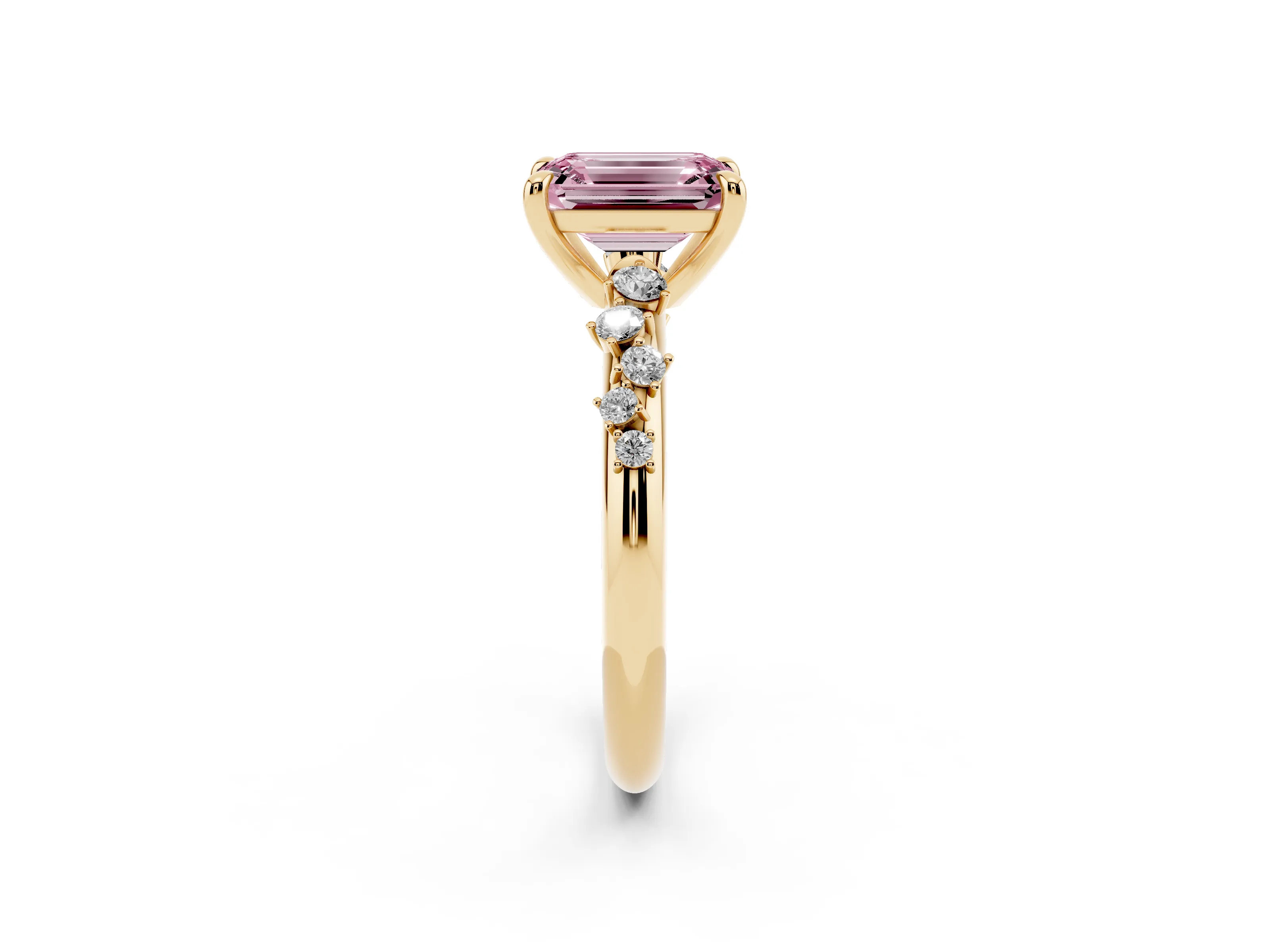 Fancy Pink Emerald Cut Diamond Solitaire Vine Band Ring Set in Yellow gold with Round Accents and Prong Setting