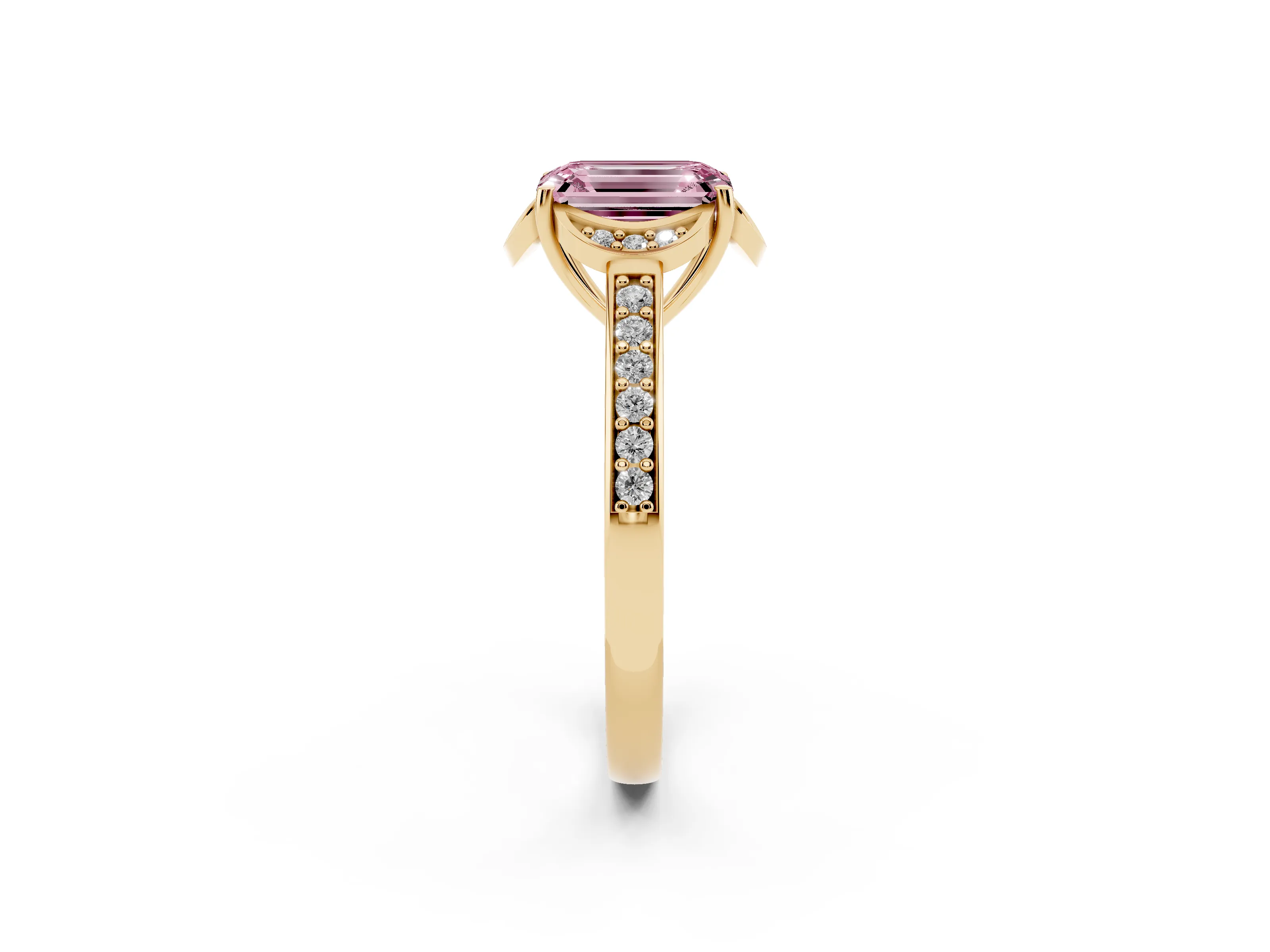 Fancy Pink Emerald Cut Diamond Halo Ring Set in Yellow gold with Channel Set Band and Prong Setting