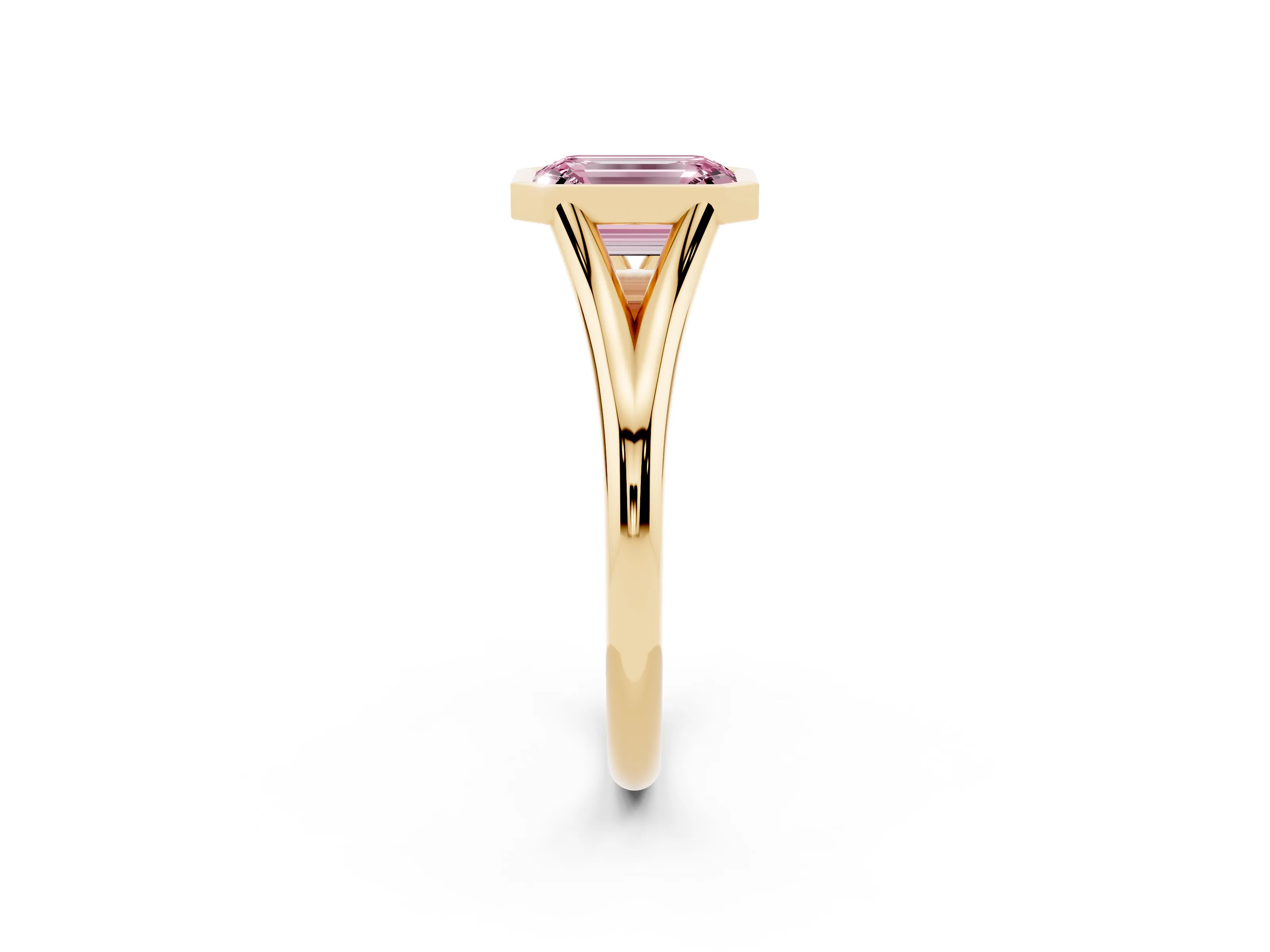 Fancy Pink Bezel Set Emerald Cut Diamond Solitaire Ring Set in Yellow gold with Tapered Band