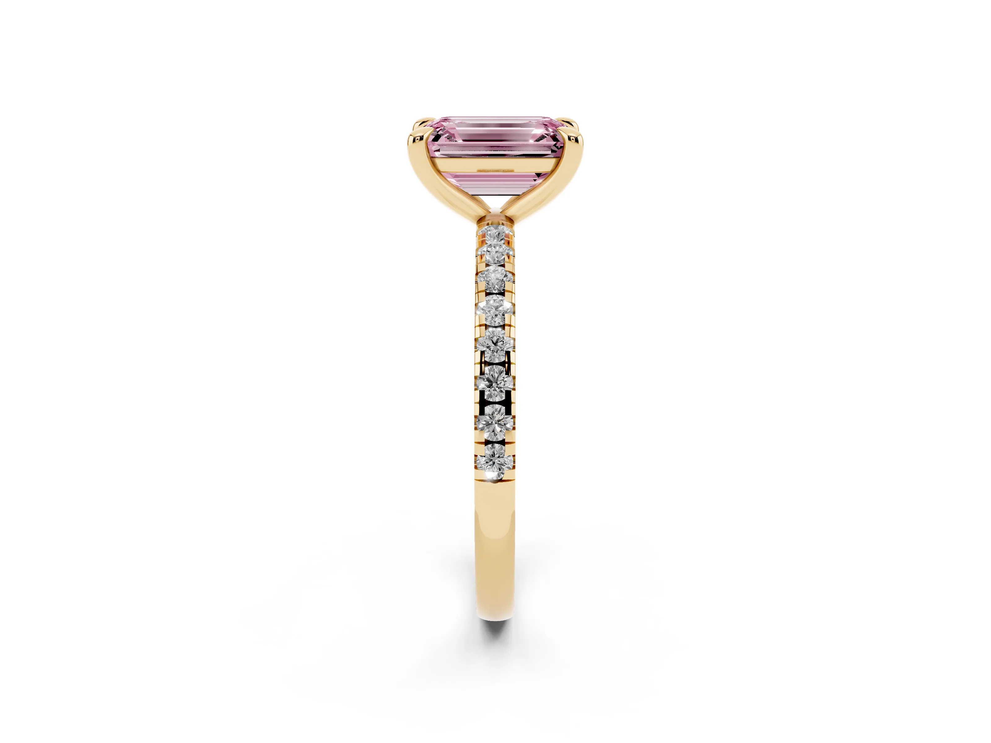 Fancy Pink Emerald Cut Diamond Brilliant Solitaire Ring Set in Yellow gold with Pavé Band and Prong Setting