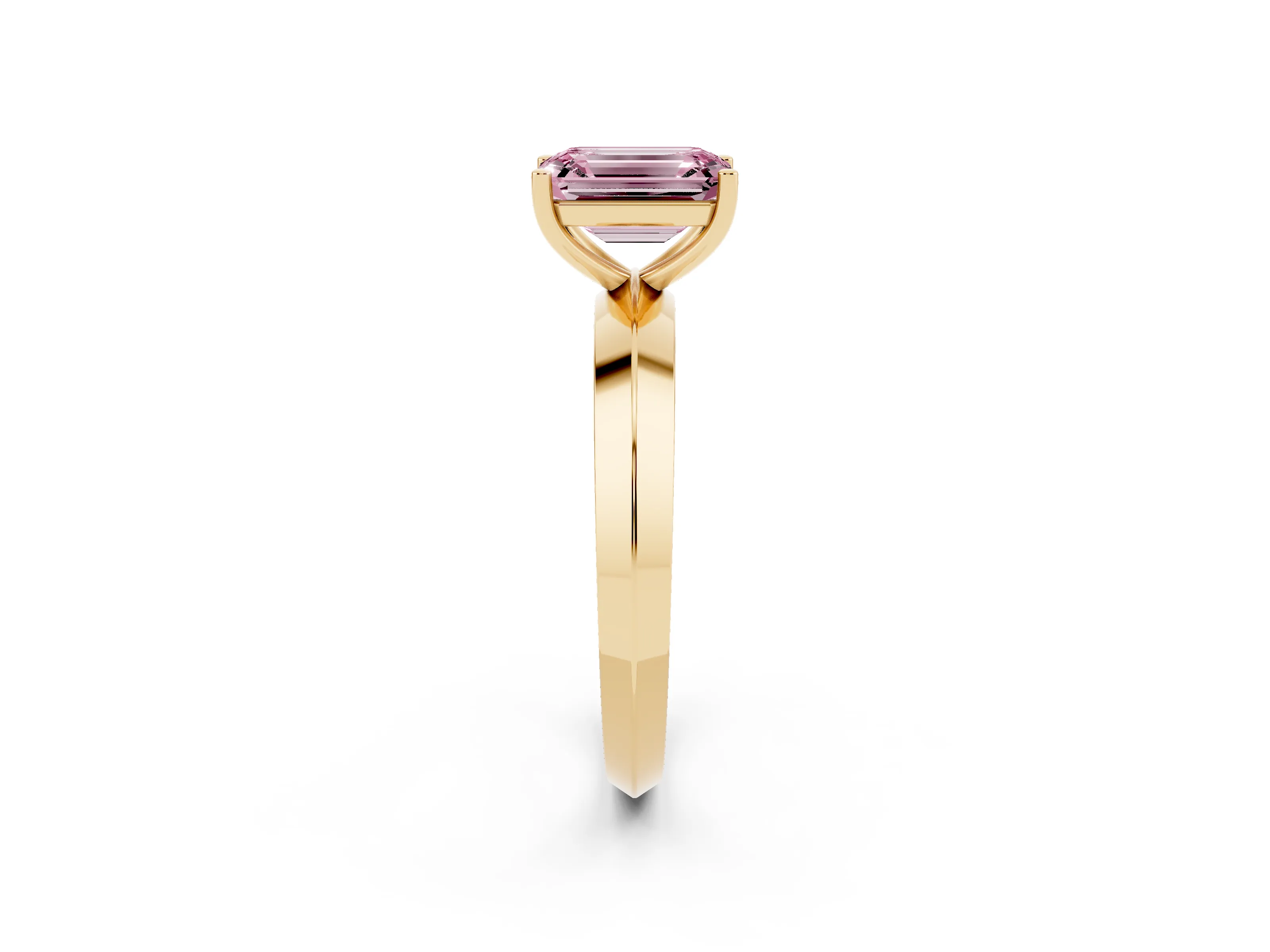Fancy Pink Emerald Cut Diamond Solitaire Engagement Ring Set in Yellow gold with Flat Band and Prong Setting