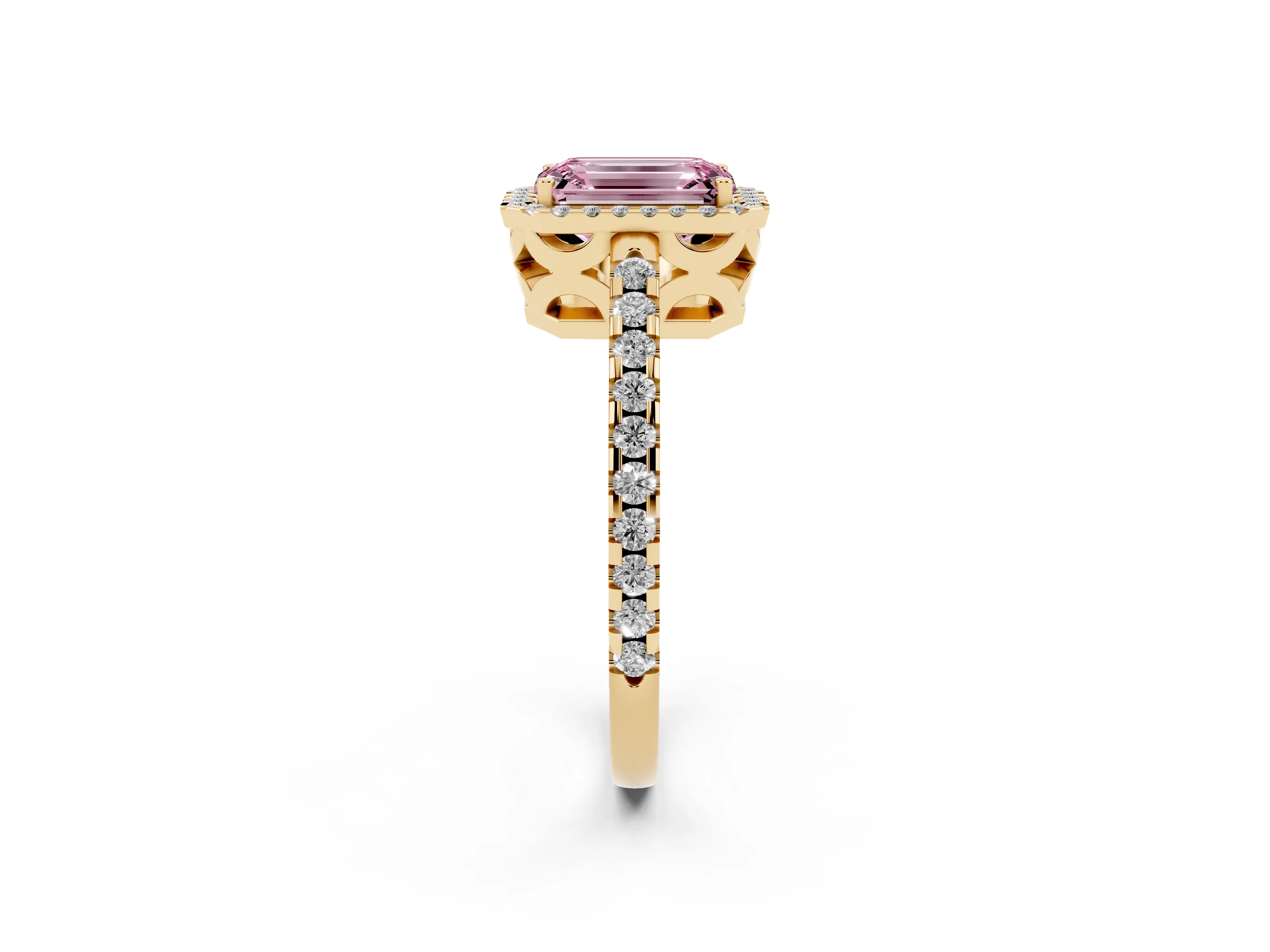 Fancy Pink Emerald Cut Diamond Halo Ring Set in Yellow gold with Pavé Shoulders and Halo-Framed Center