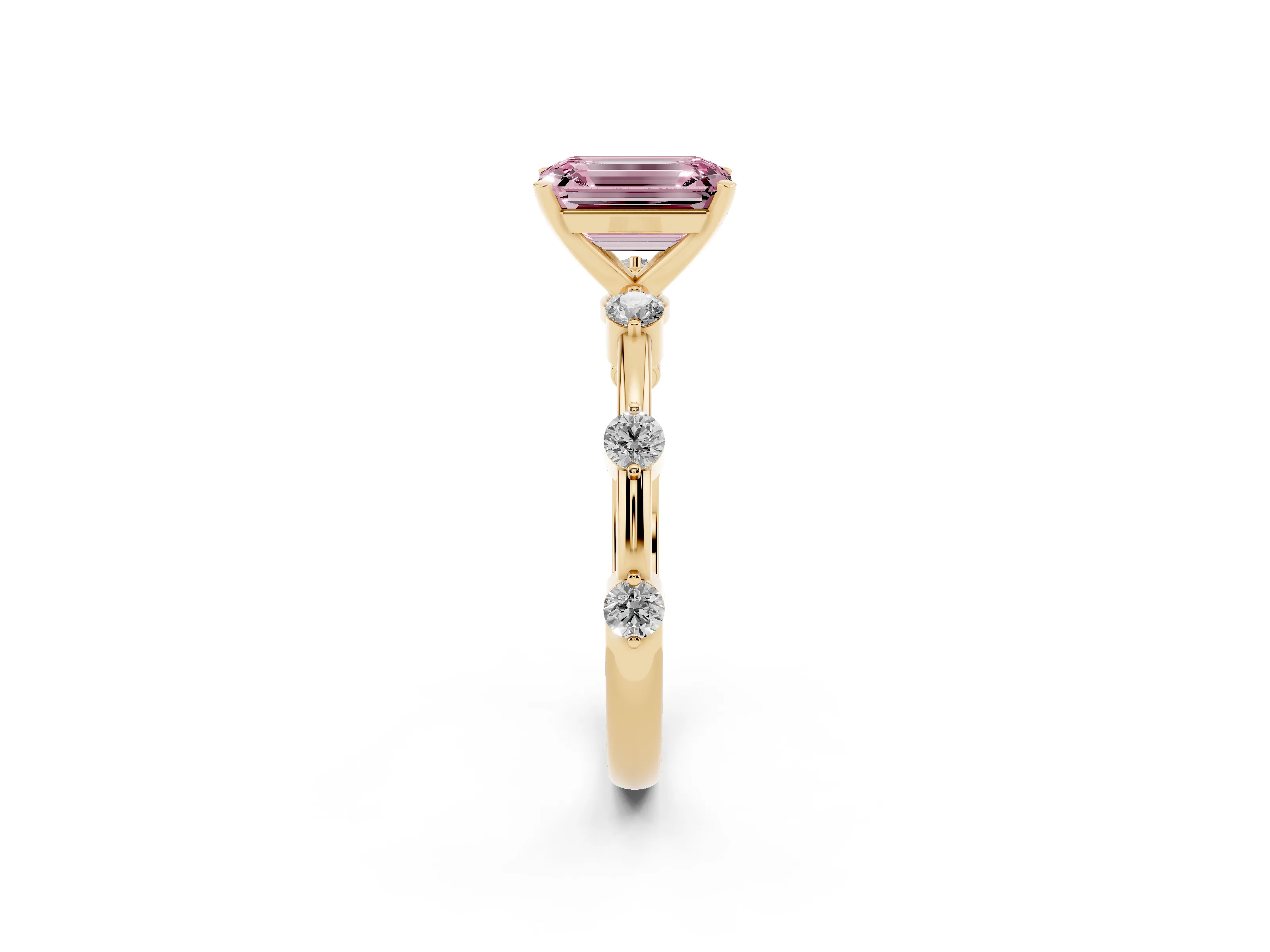Fancy Pink Emerald Cut Diamond Solitaire Ring Set in Yellow gold with Bezel Set Side Stones and Prong Setting