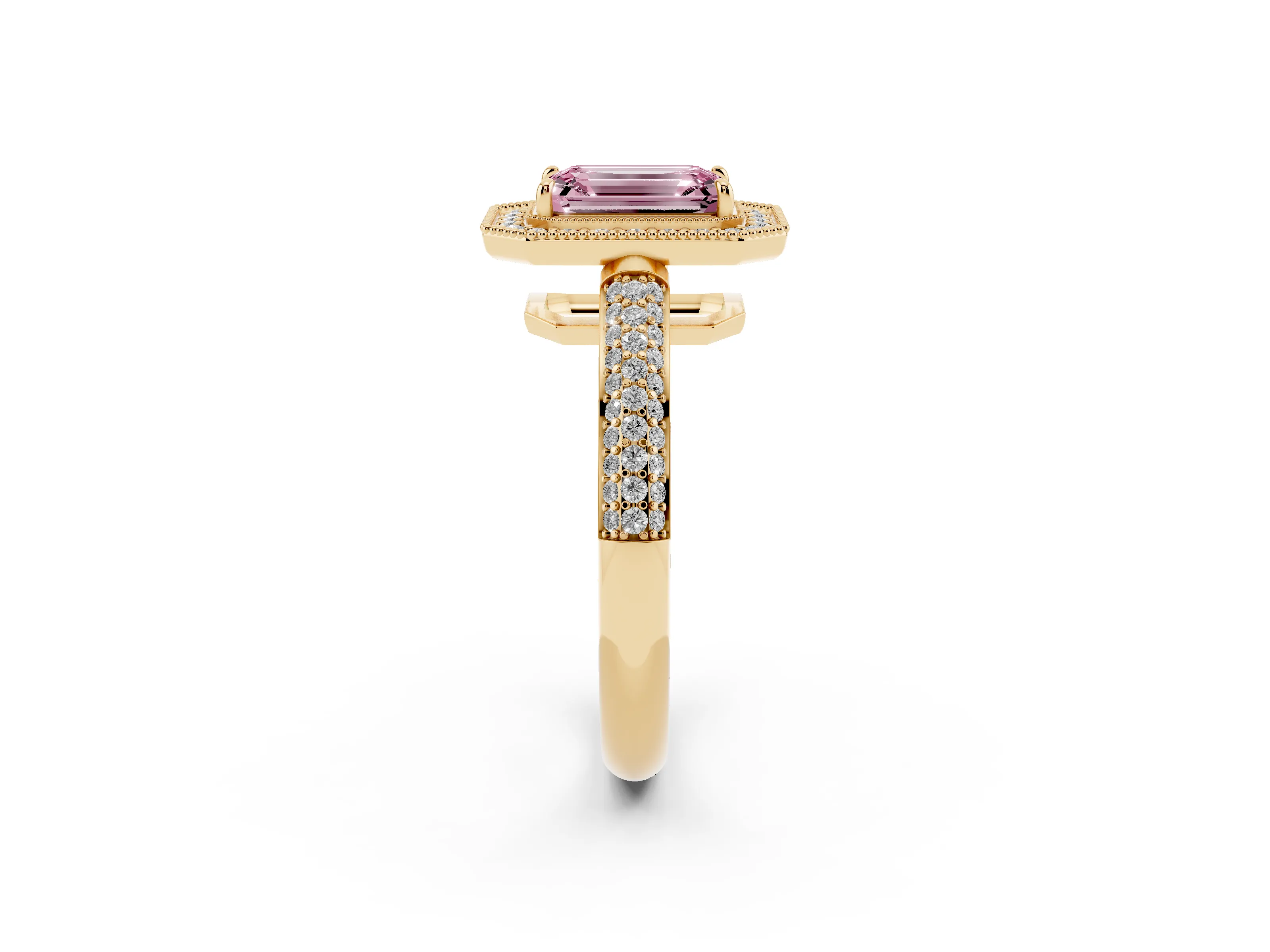 Fancy Pink Emerald Cut Diamond Halo Pavé Band Set in Yellow gold with Prong Setting