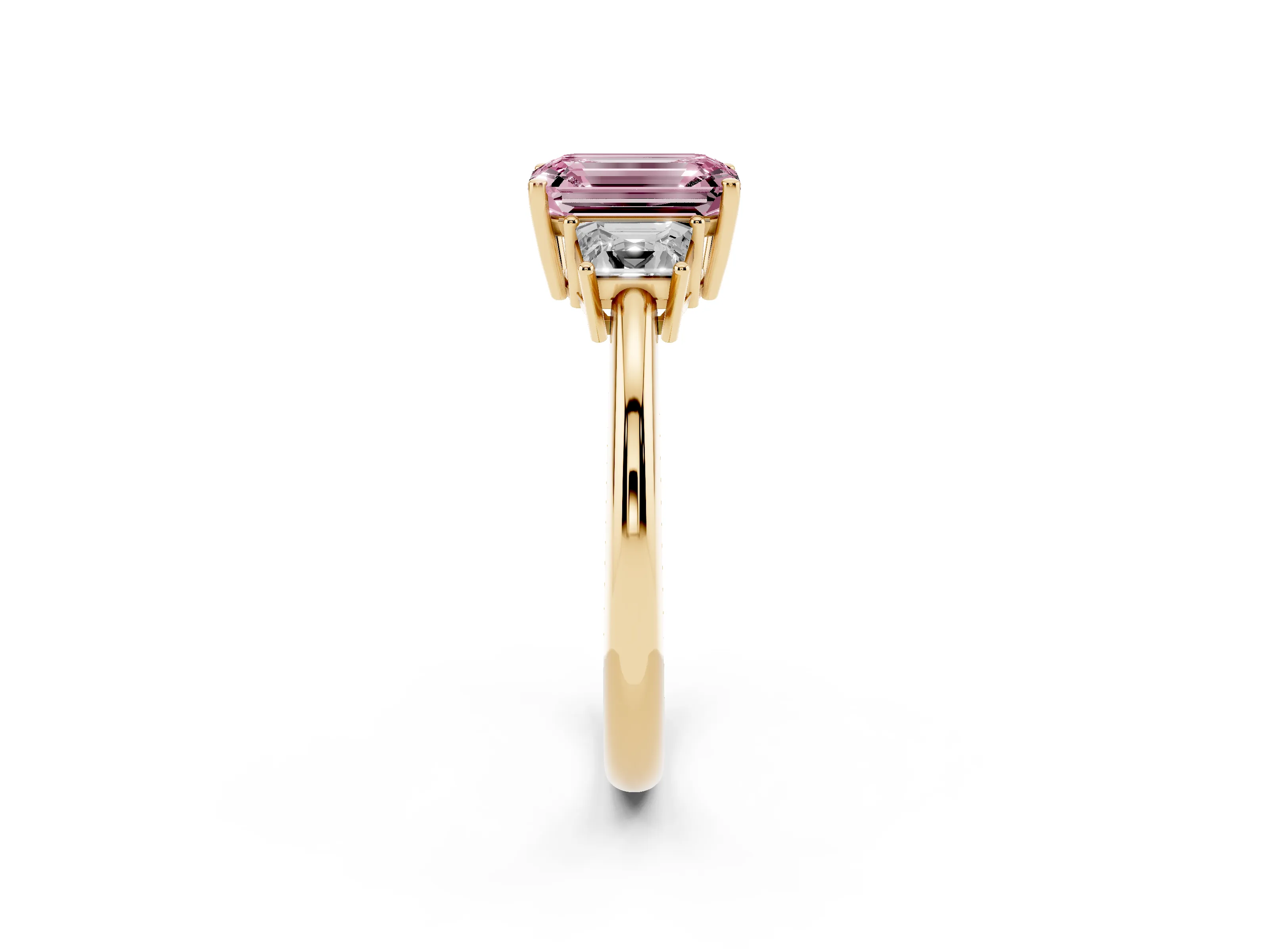 Fancy Pink Emerald Cut Diamond Three-Stone Ring Set in Yellow gold with Trapezoid Side Stones and Prong Setting