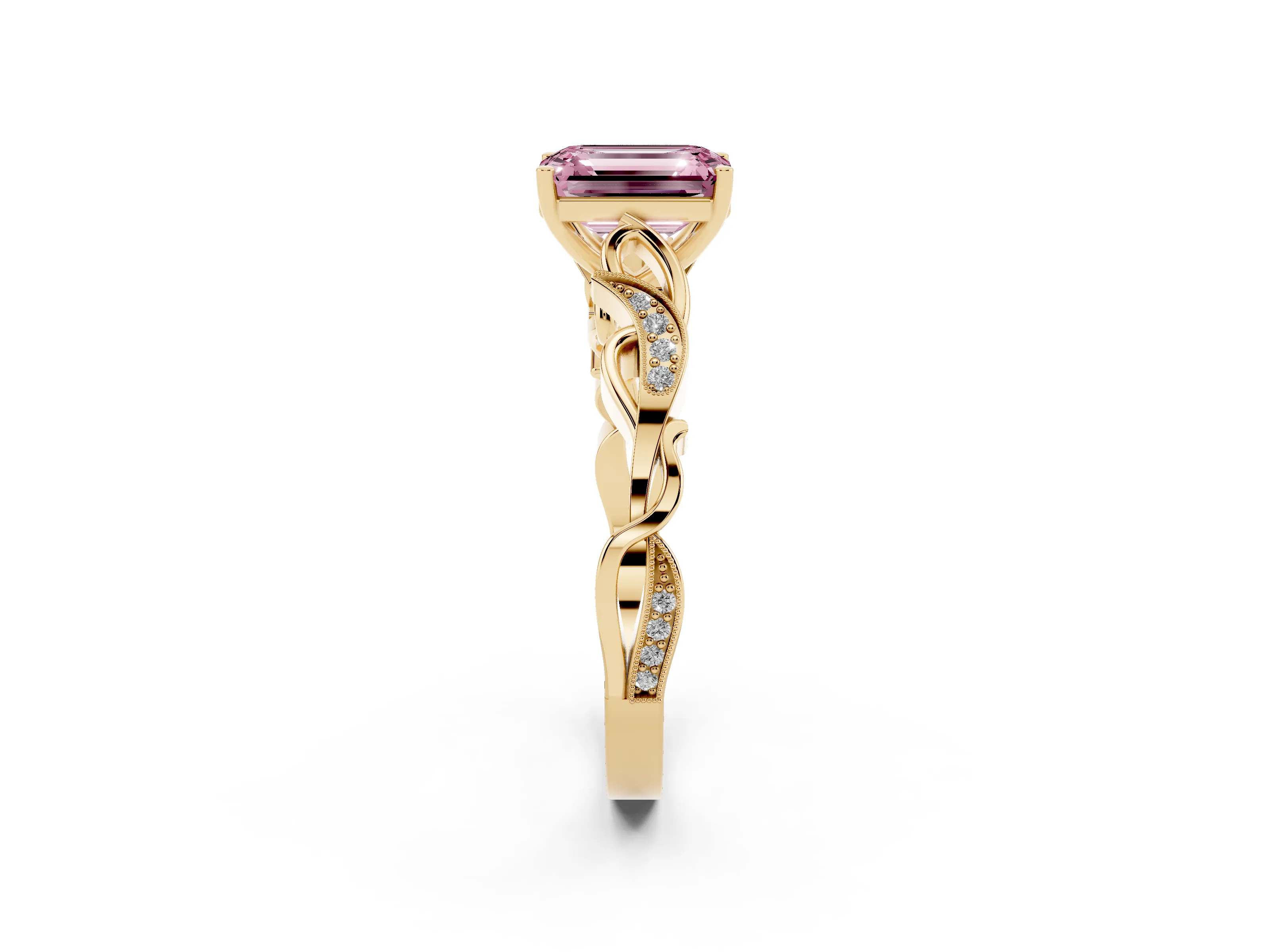 Fancy Pink Emerald Cut Diamond Vine Band Solitaire Ring Set in Yellow gold with Milgrain Prong Setting