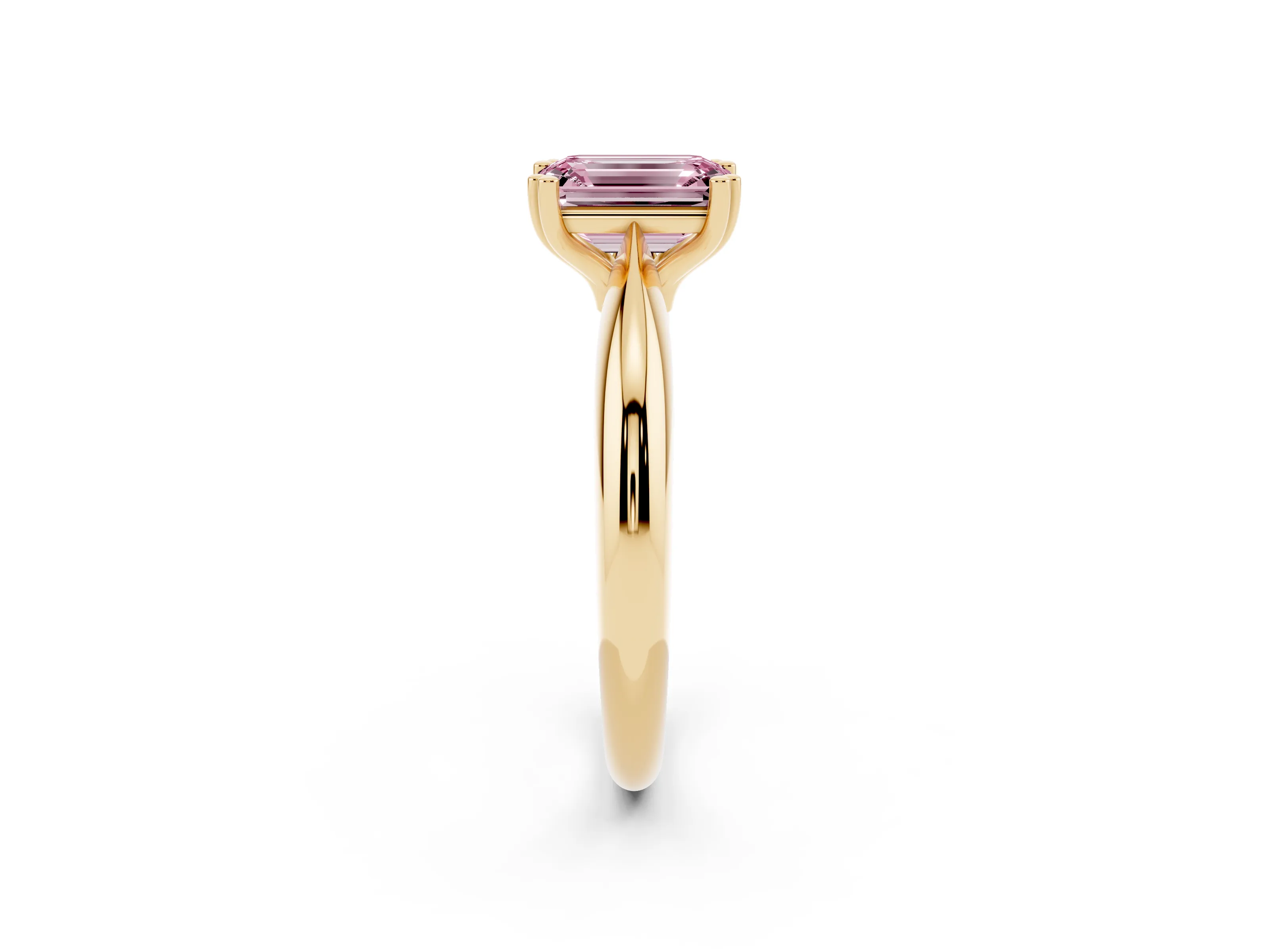 Fancy Pink Emerald Cut Diamond Solitaire Engagement Ring Set in Yellow gold with Tapered Band and Prong Setting