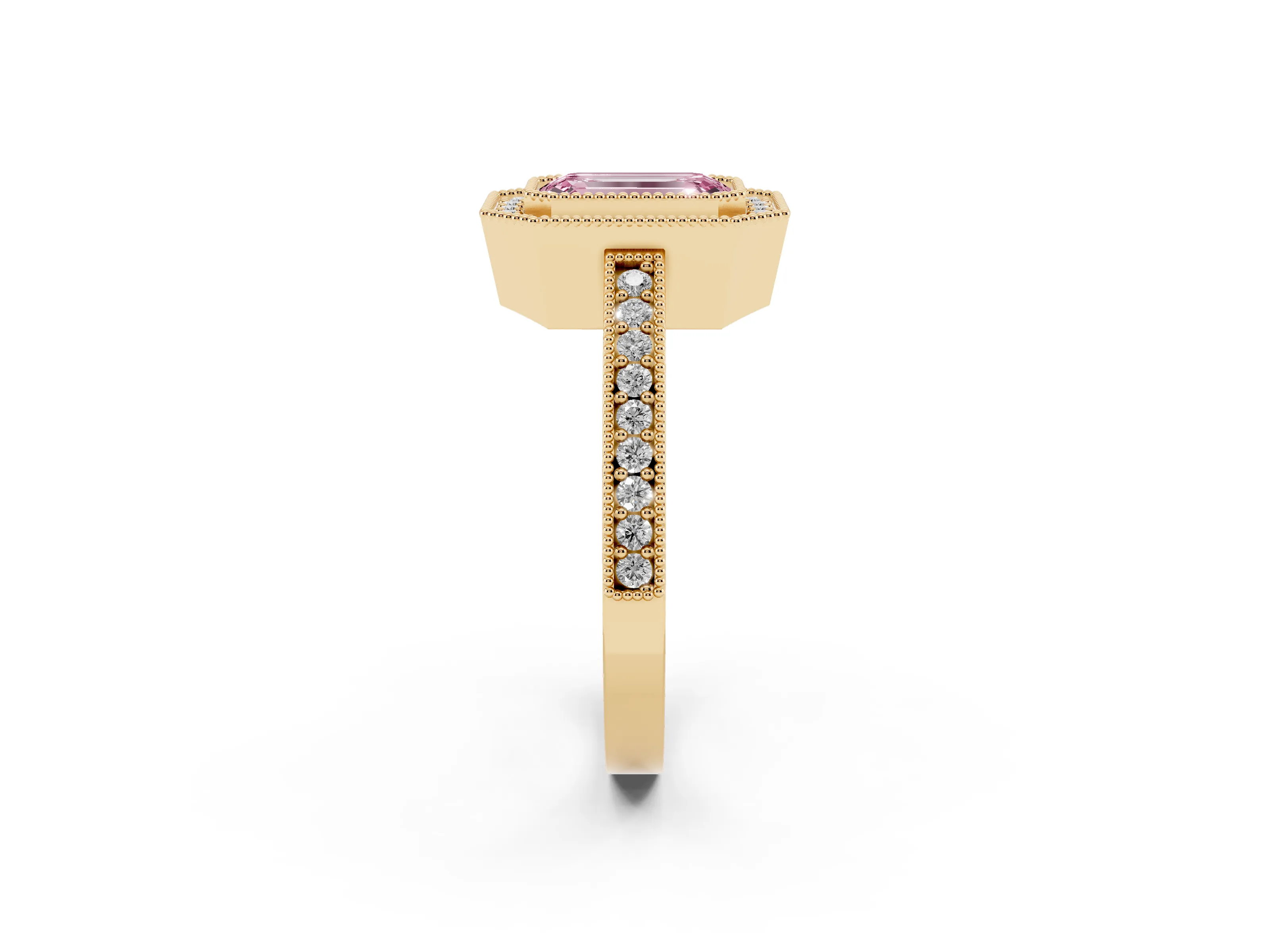 Fancy Pink Emerald Cut Diamond Halo Engagement Ring Set in Yellow gold with Pavé Band and Round Halo Stones