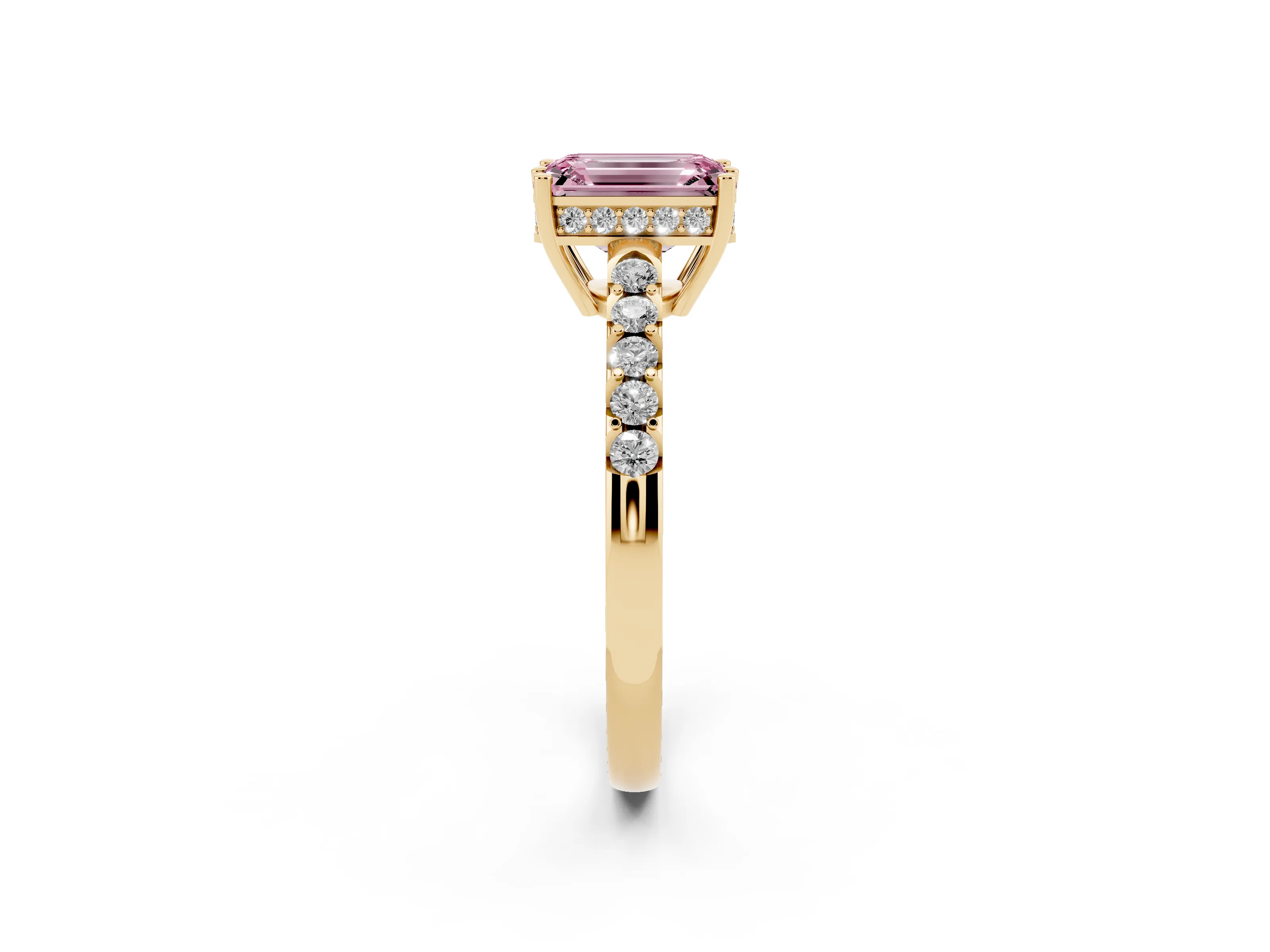 Fancy Pink Emerald Cut Diamond Solitaire Engagement Ring Set in Yellow gold with Pavé Band and Prong Setting