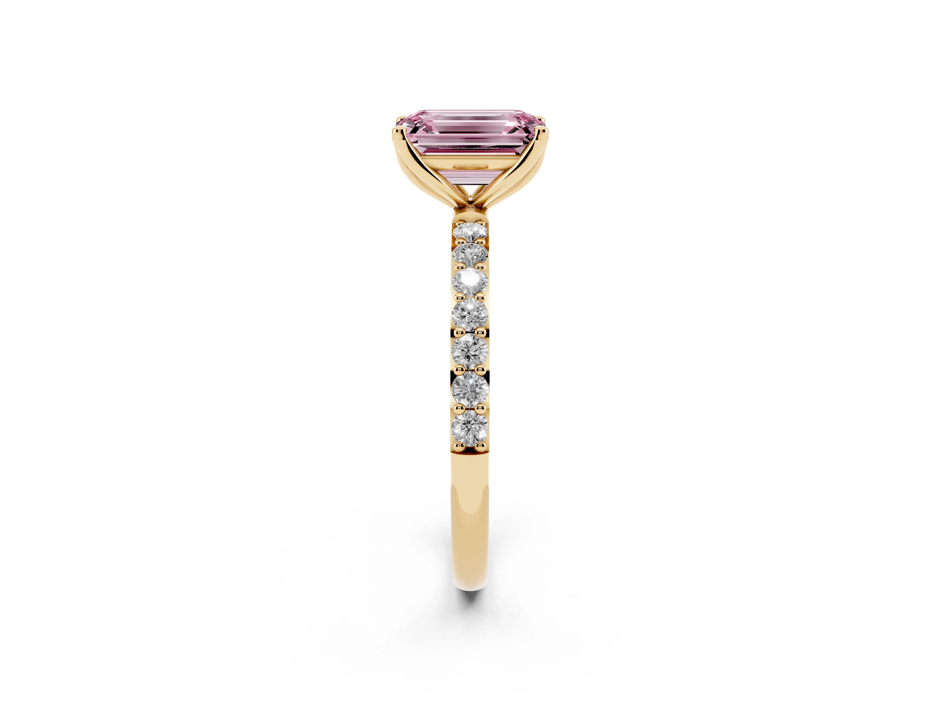 Fancy Pink Emerald Cut Diamond Solitaire Engagement Ring Set in Yellow gold with Round Pavé Band and Prong Setting