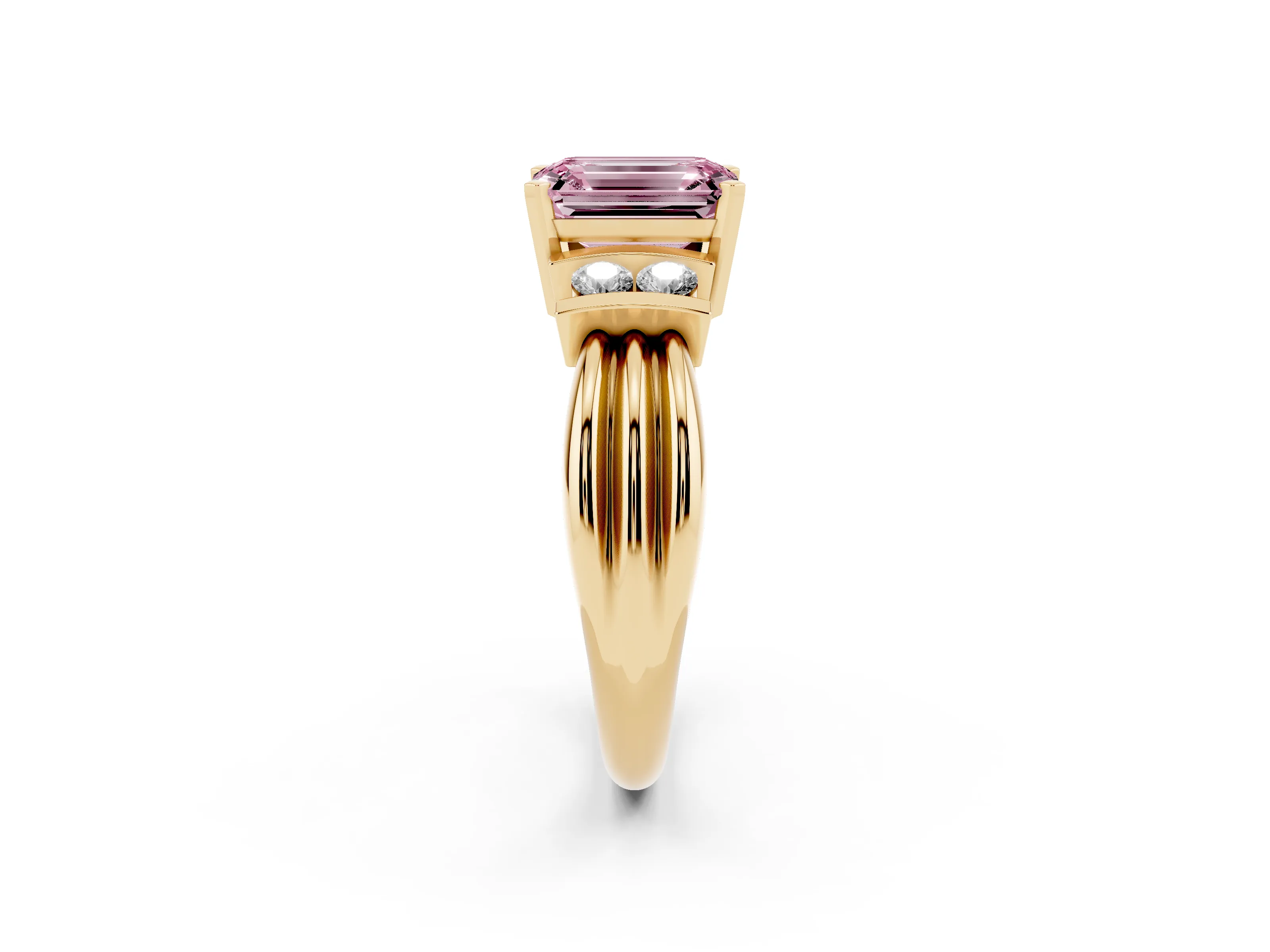 Fancy Pink Three-Stone Emerald Cut Diamond Channel Set Ring Set in Yellow gold with Bar Prongs