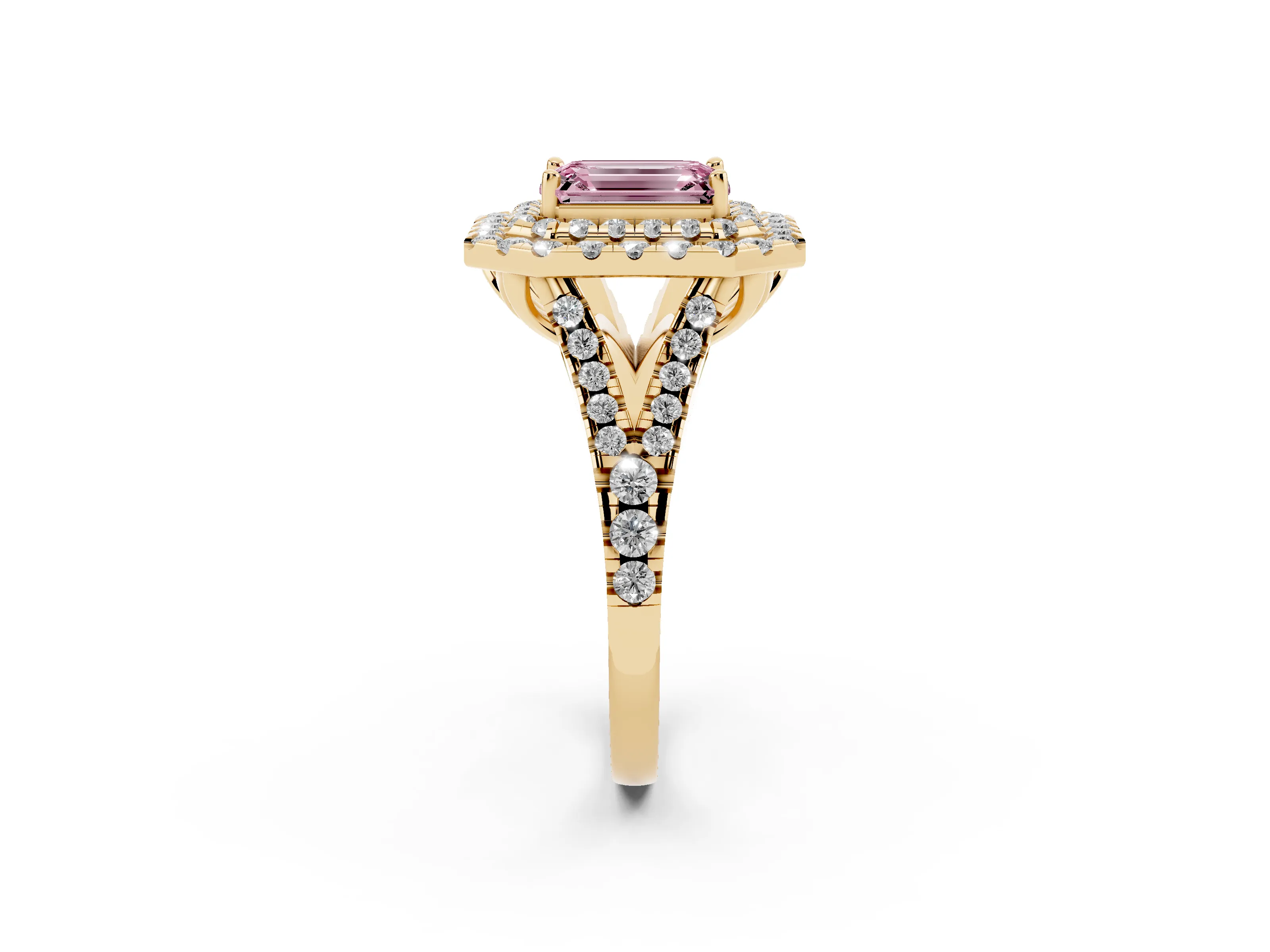Fancy Pink Emerald Cut Diamond Double Halo Ring Set in Yellow gold with Pavé Split Shank and Prong Setting