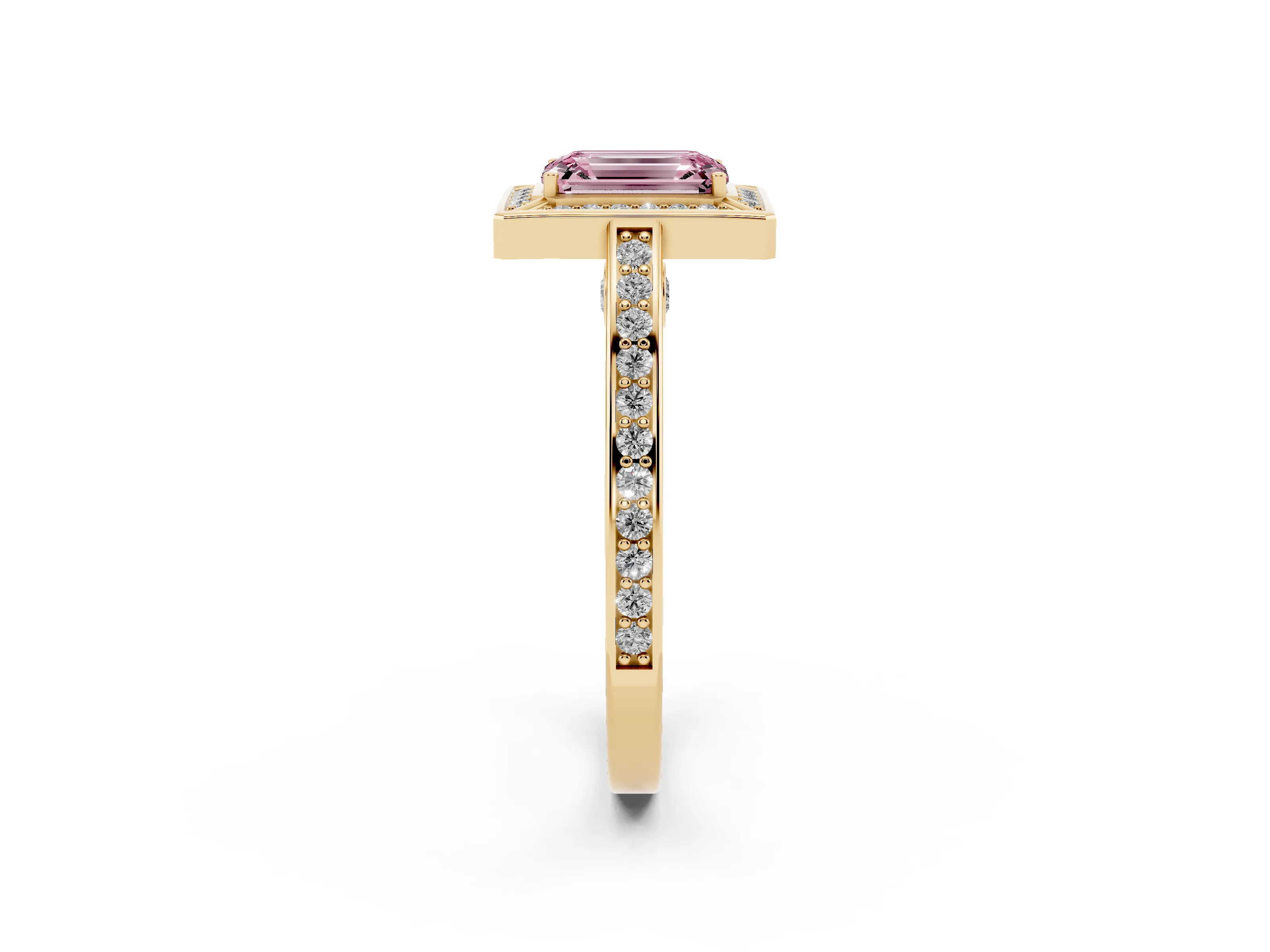 Fancy Pink Emerald Cut Diamond Halo Pavé Split Shank Ring Set in Yellow gold with Prong Setting