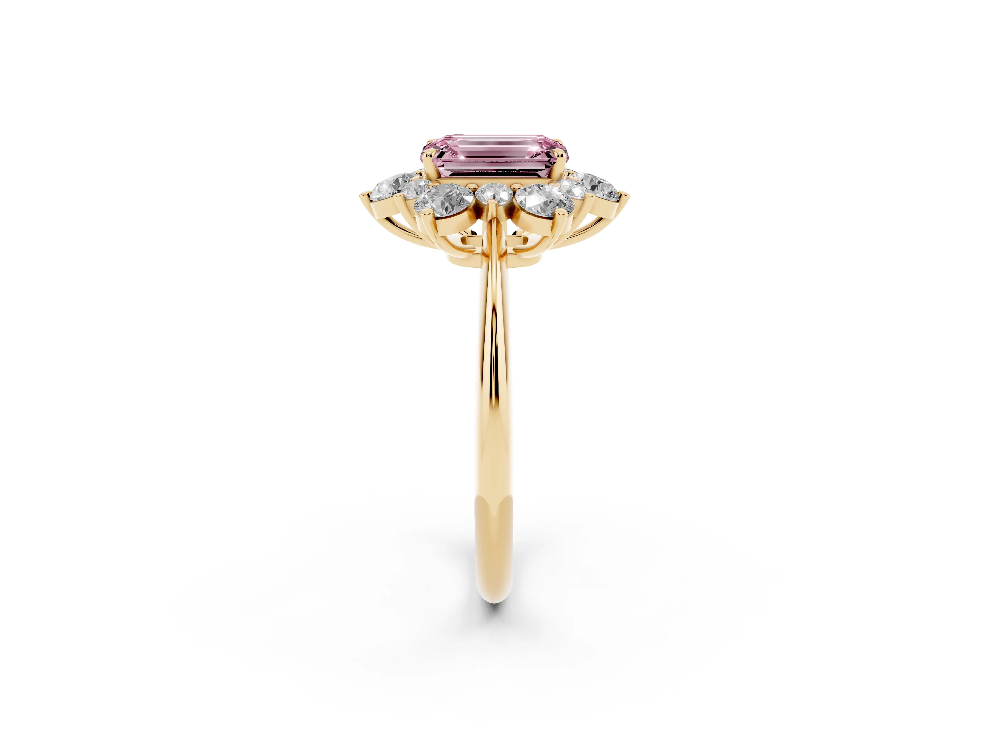 Fancy Pink Emerald Cut Diamond Cluster Halo Ring Set in Yellow gold with Solitaire Band and Prong Setting