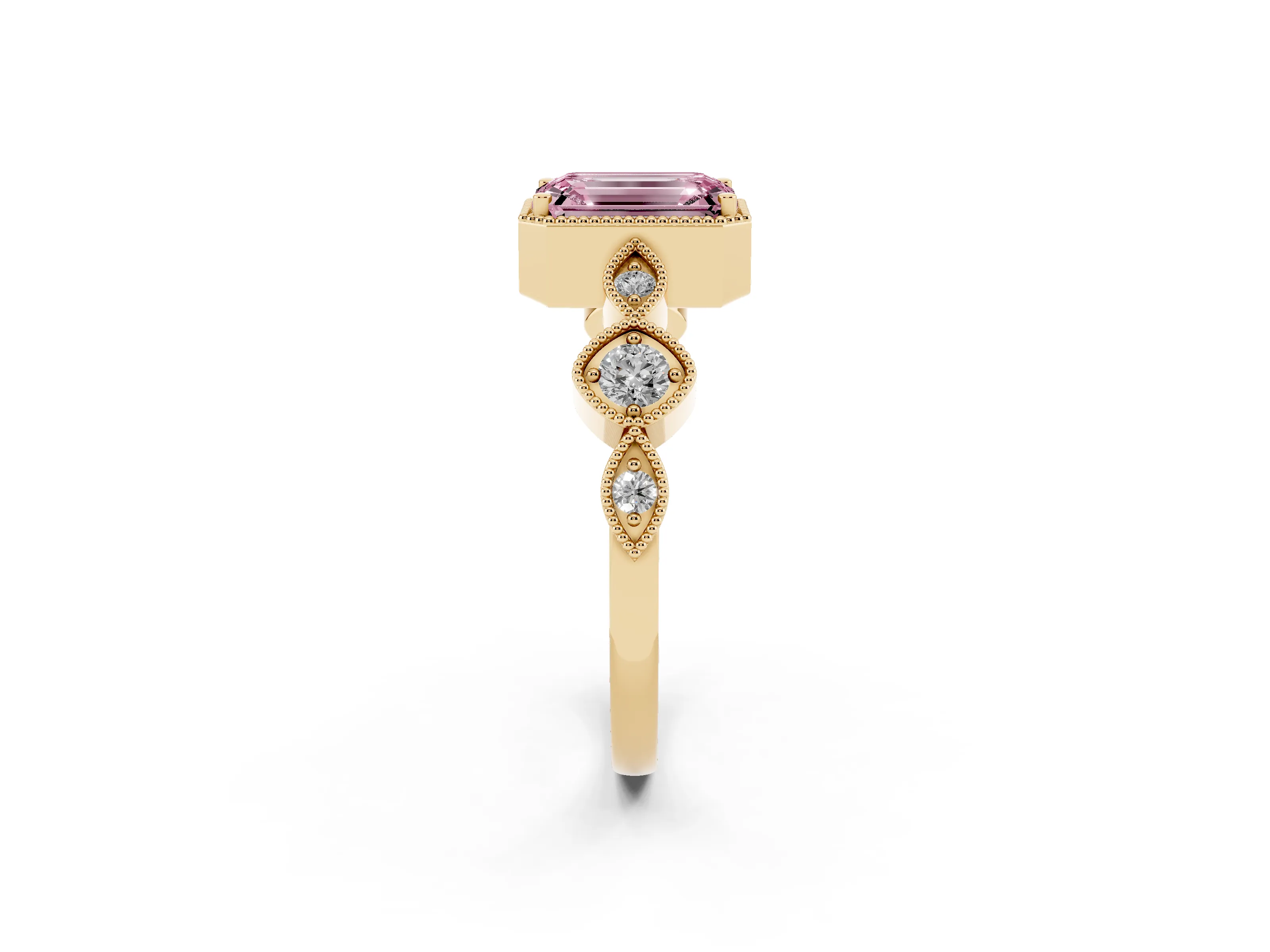Fancy Pink Emerald Cut Diamond Vintage-Inspired Milgrain Ring Set in Yellow gold with Marquise Stations of Round Accents