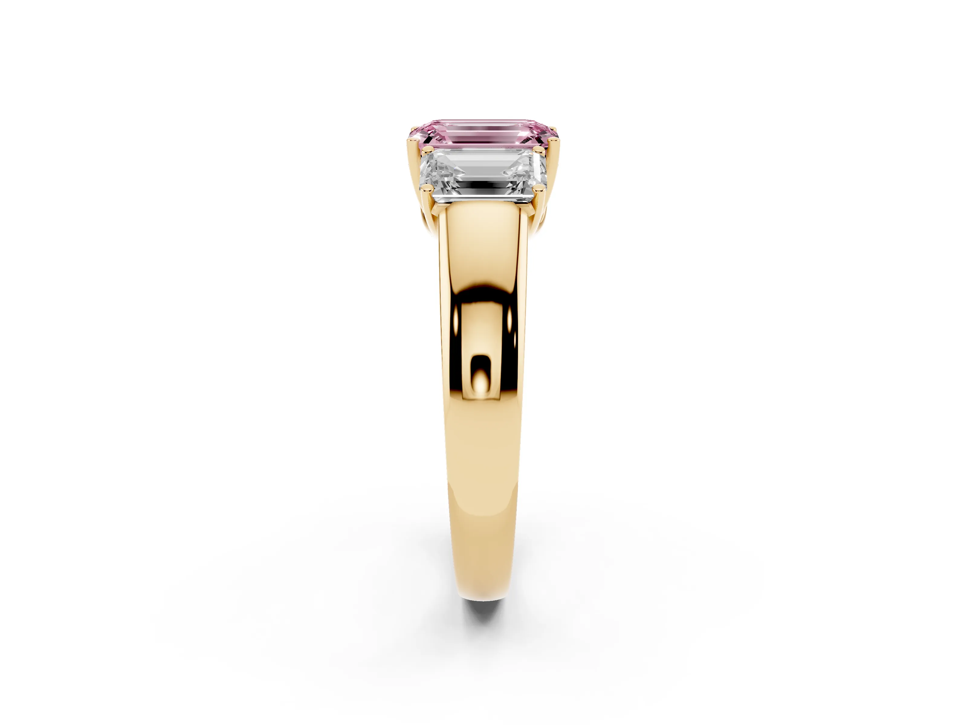 Fancy Pink Three-Stone Emerald Cut Diamond Ring Set in Yellow gold with Matching Prong Settings and Plain Band